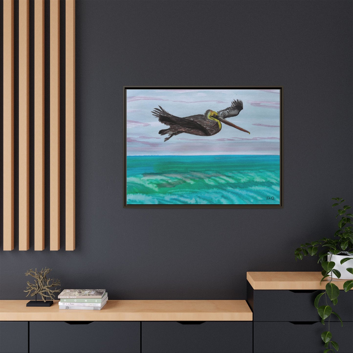 Brown Pelican Over Ocean Matte Framed Canvas Art
