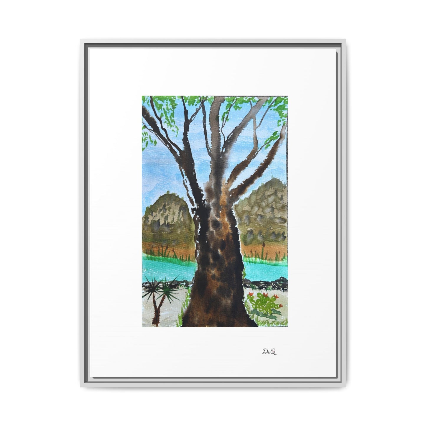 Tranquil Lakeside Tree Watercolor - Framed Matte Canvas Print by Dr. Q