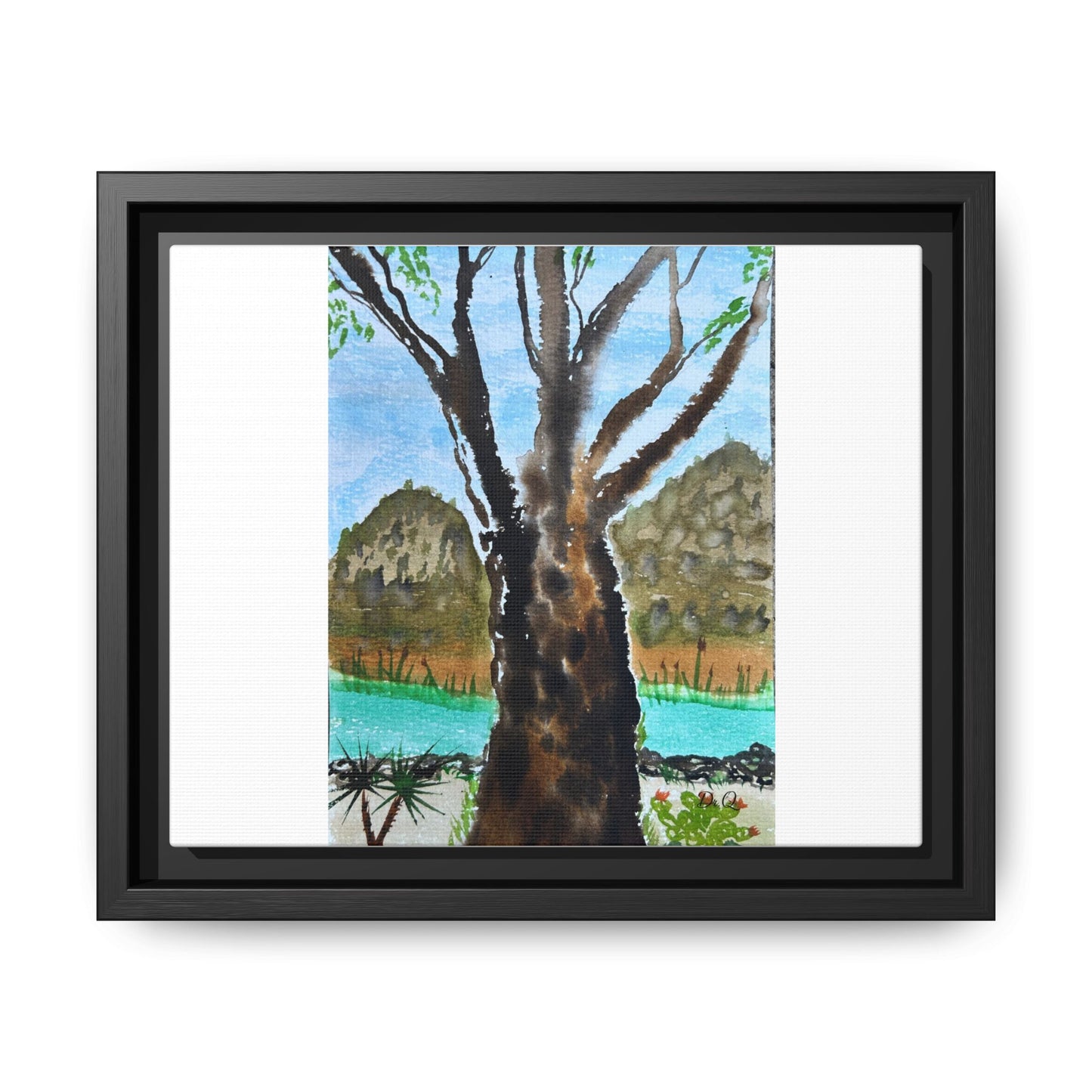 Tranquil Lakeside Tree Watercolor - Framed Matte Canvas Print by Dr. Q