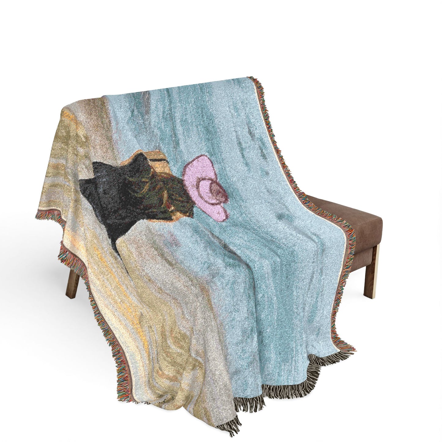 Beachside Woman Woven Blanket — Serene Seaside Throw with Pink Hat Design by Dr. Q