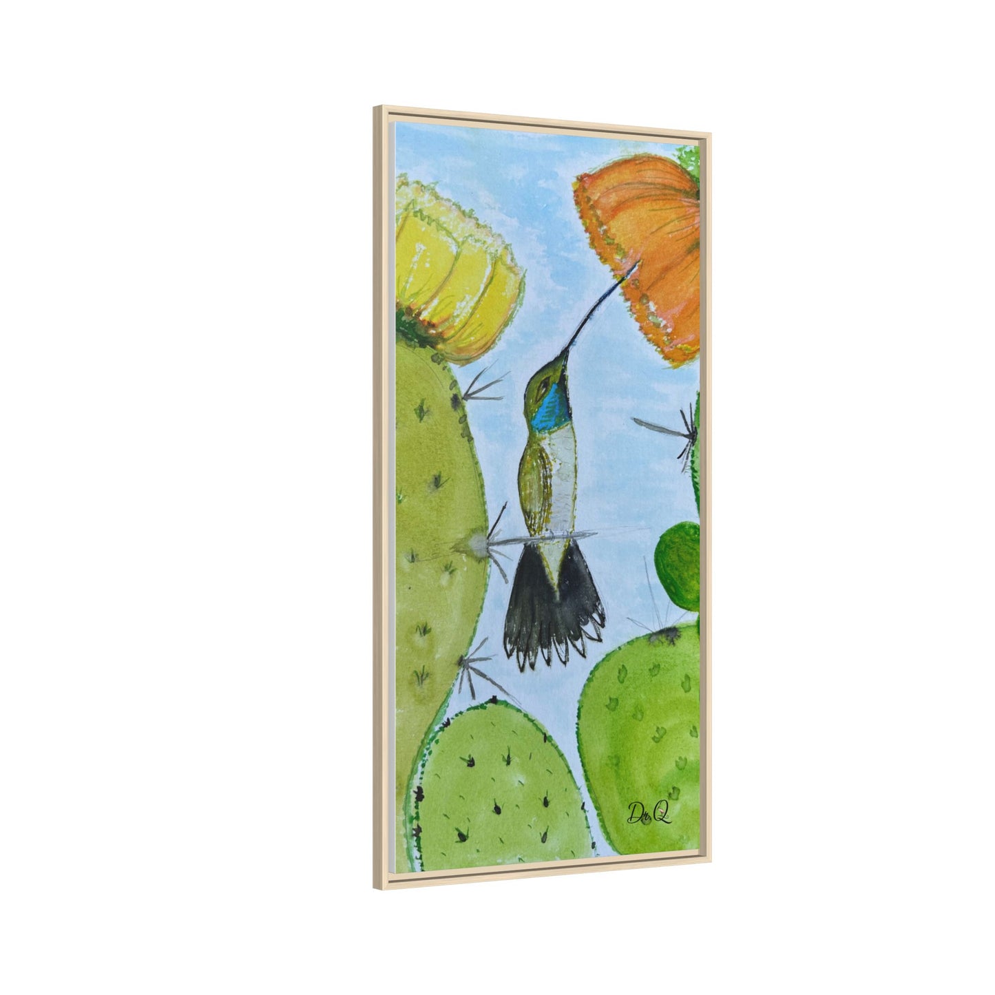 Framed Hummingbird Cactus Watercolor Print on Canvas by Dr. Q — Floral Desert Wall Art
