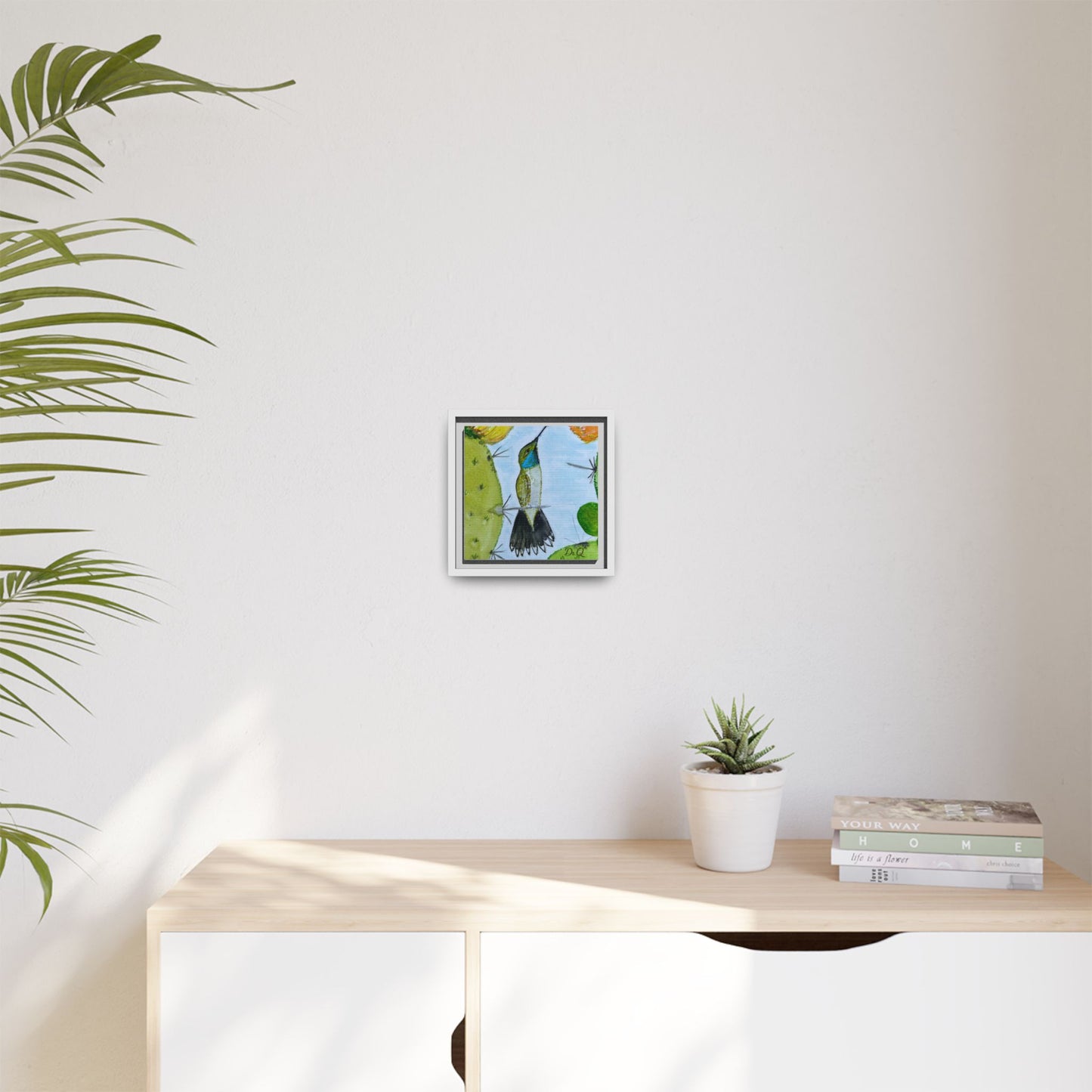 Framed Hummingbird Cactus Watercolor Print on Canvas by Dr. Q — Floral Desert Wall Art