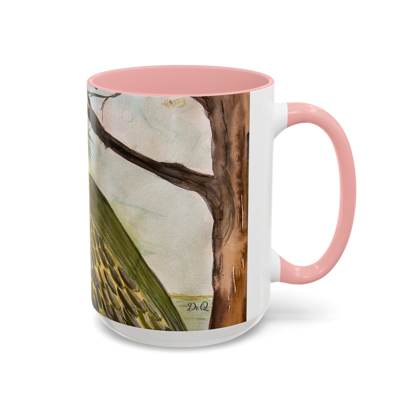 Green Heron Watercolor Accent Coffee Mug — Nature Bird Watercolor (11/15oz)