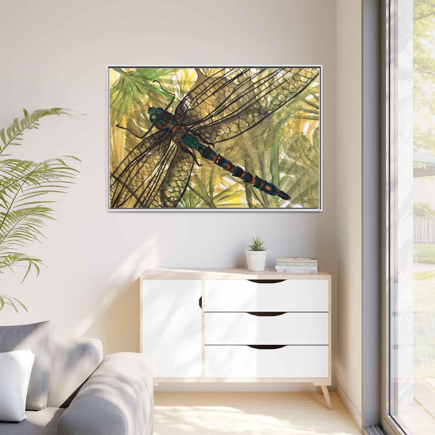 Dragonfly Framed Canvas Art — Botanical Watercolor Wall Decor