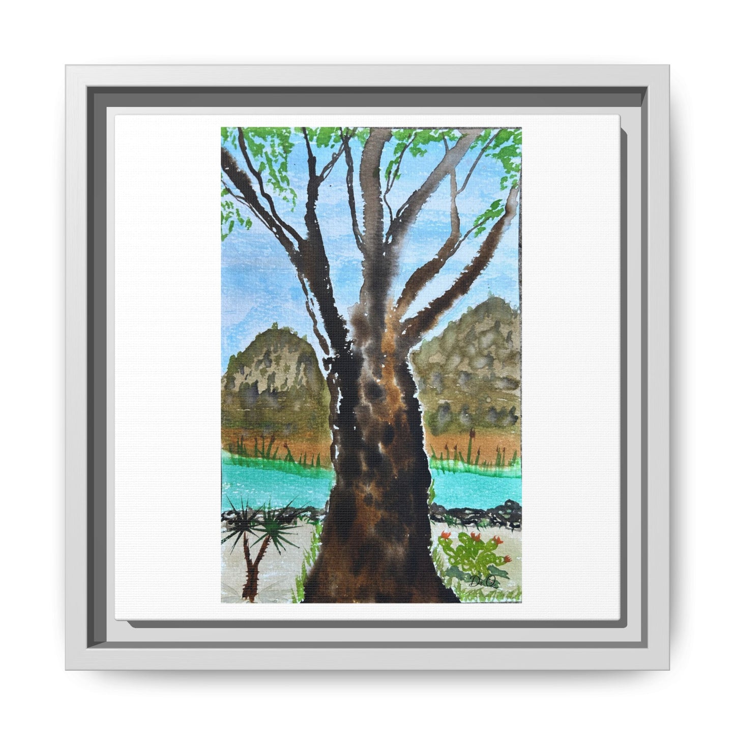 Tranquil Lakeside Tree Watercolor - Framed Matte Canvas Print by Dr. Q