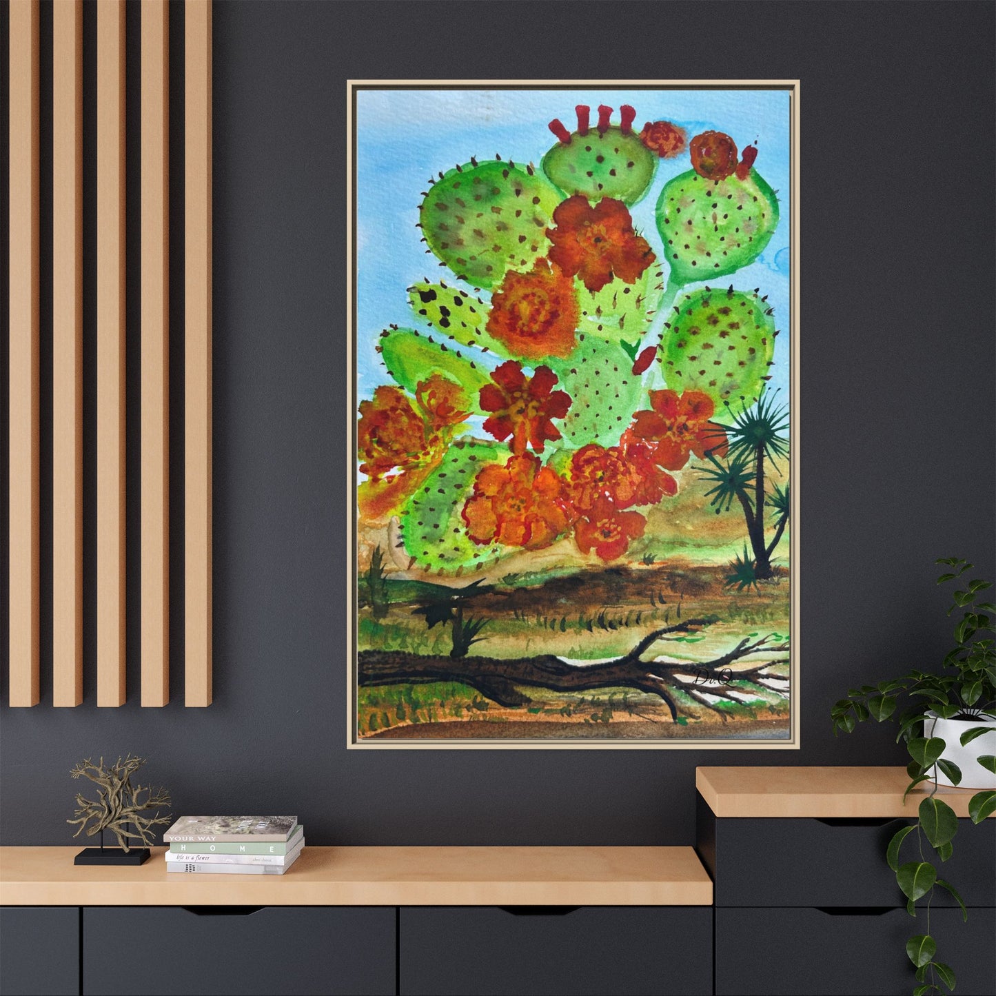 Prickly Pear Cactus Framed Canvas Print — Vertical Botanical Wall Art