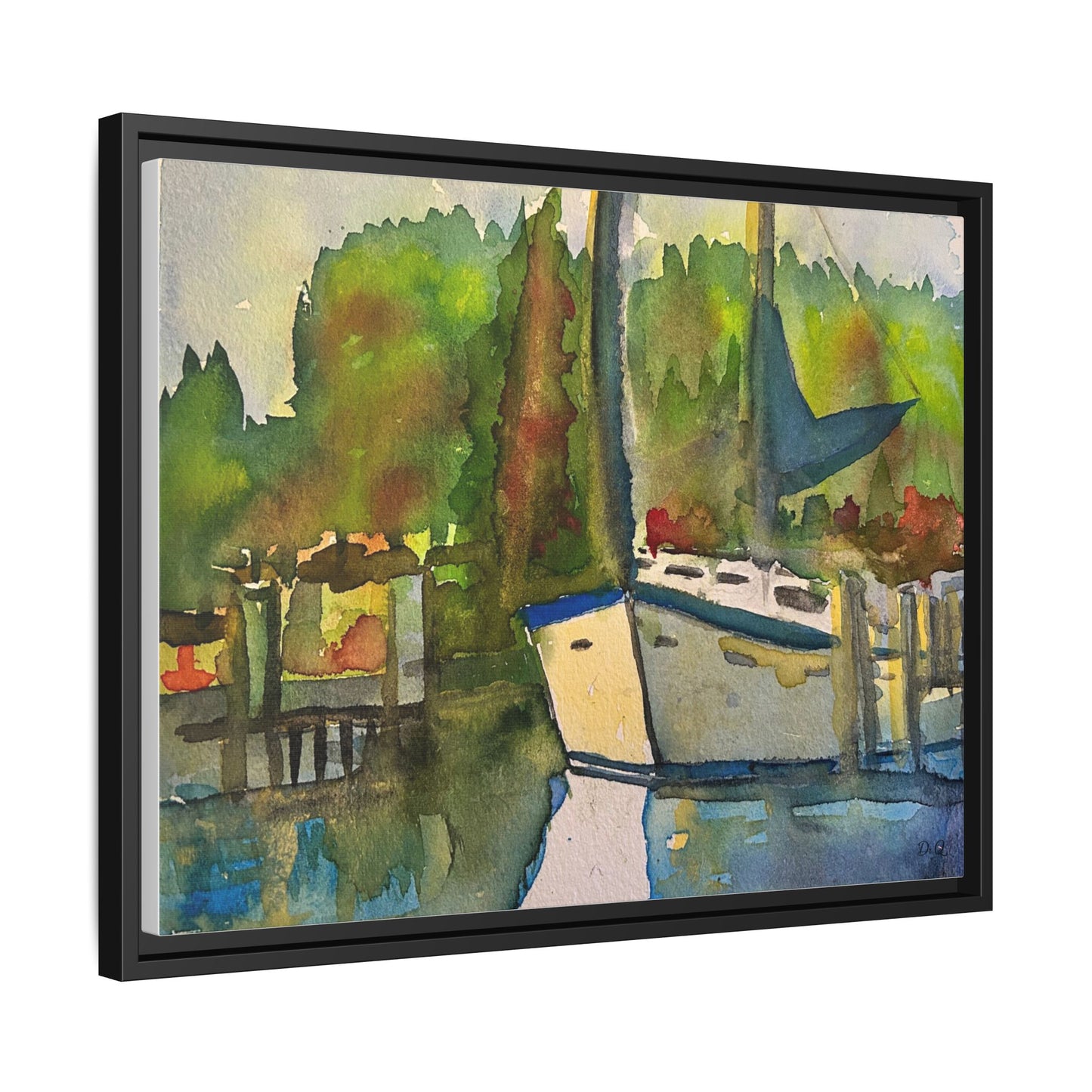 Sailboat Harbor Watercolor — Framed Matte Canvas Wall Art