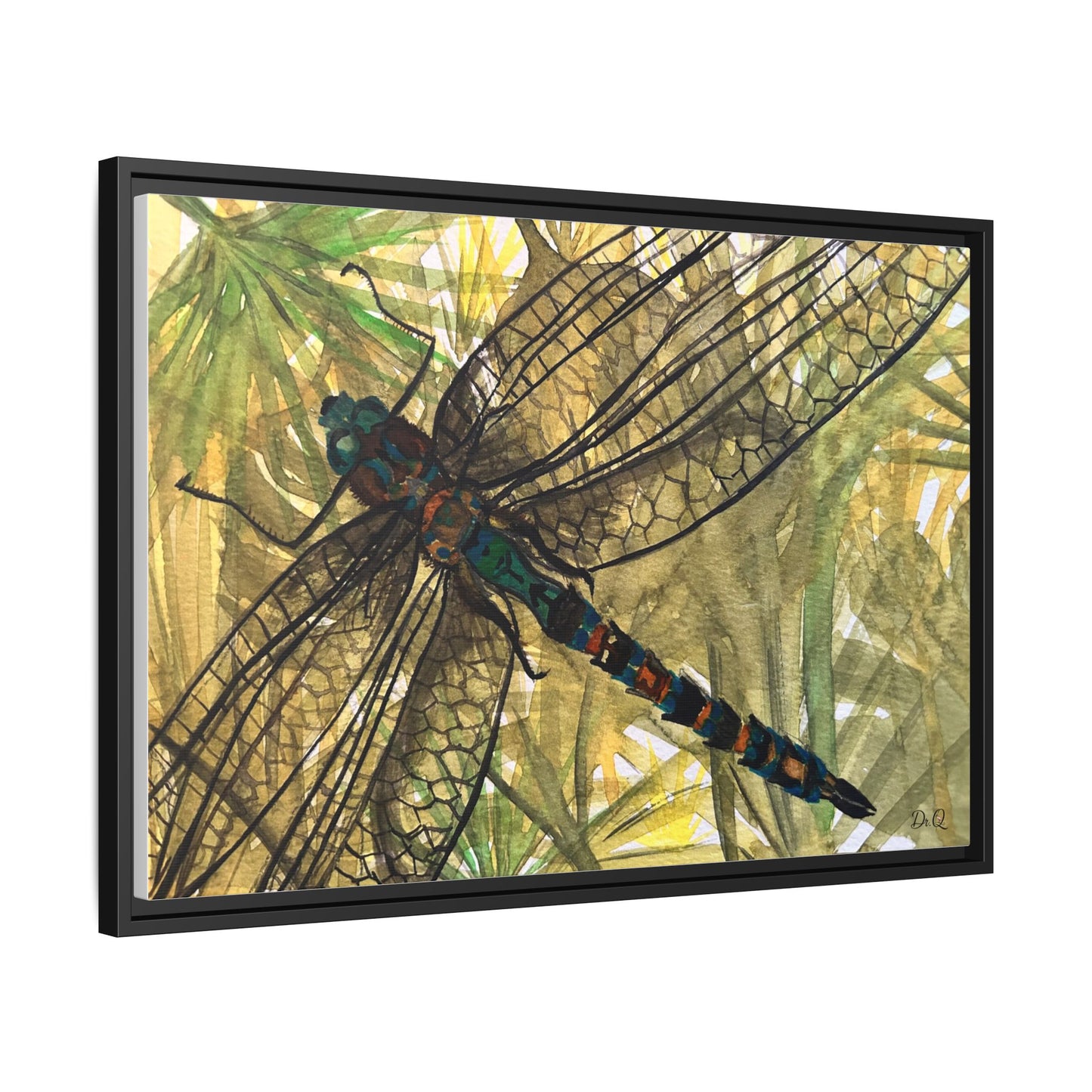 Dragonfly Framed Canvas Art — Botanical Watercolor Wall Decor