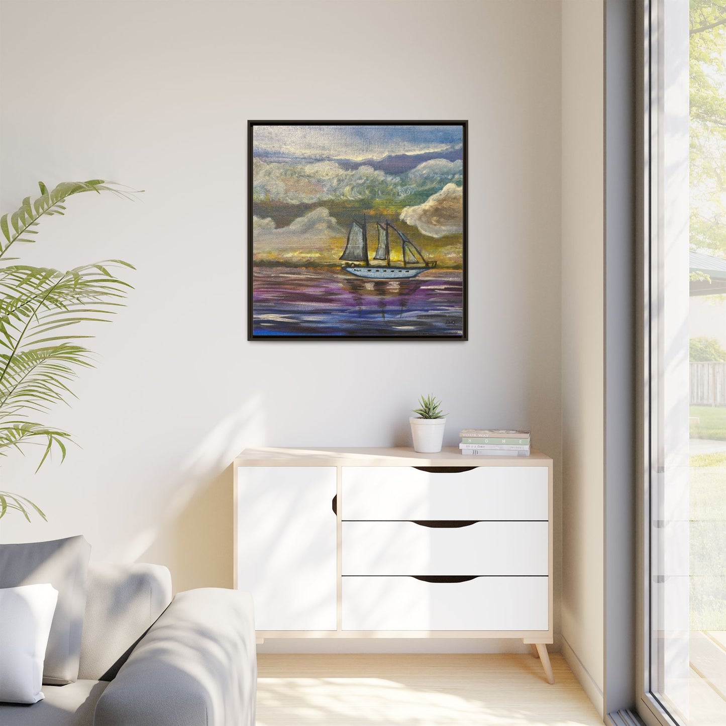 Framed Matte Canvas Sailboat Painting — Serene Seascape Wall Art