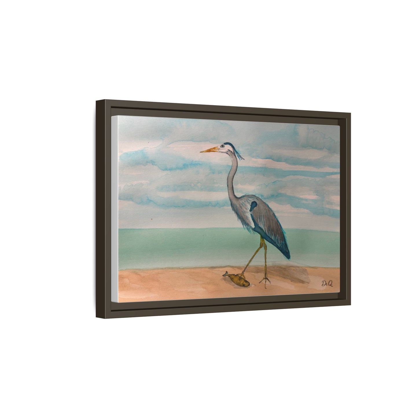 Framed Heron Beach Matte Canvas — Coastal Watercolor Wall Art