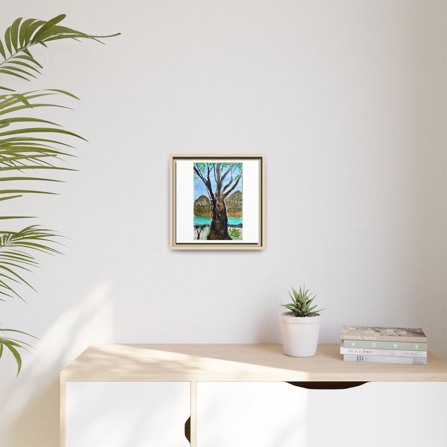 Tranquil Lakeside Tree Watercolor - Framed Matte Canvas Print by Dr. Q