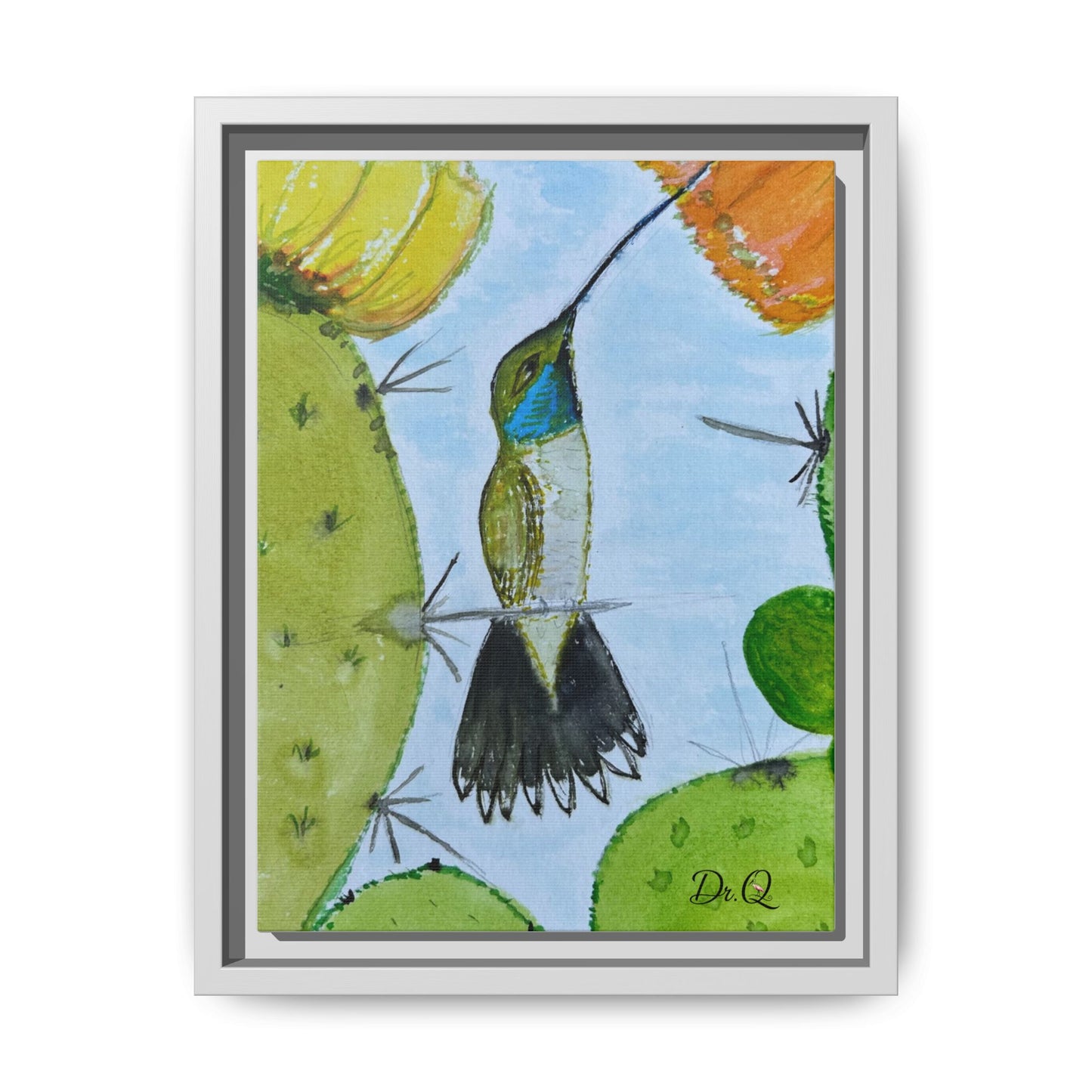 Framed Hummingbird Cactus Watercolor Print on Canvas by Dr. Q — Floral Desert Wall Art