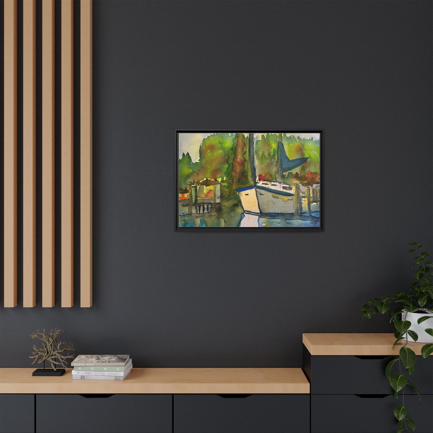 Sailboat Harbor Watercolor — Framed Matte Canvas Wall Art