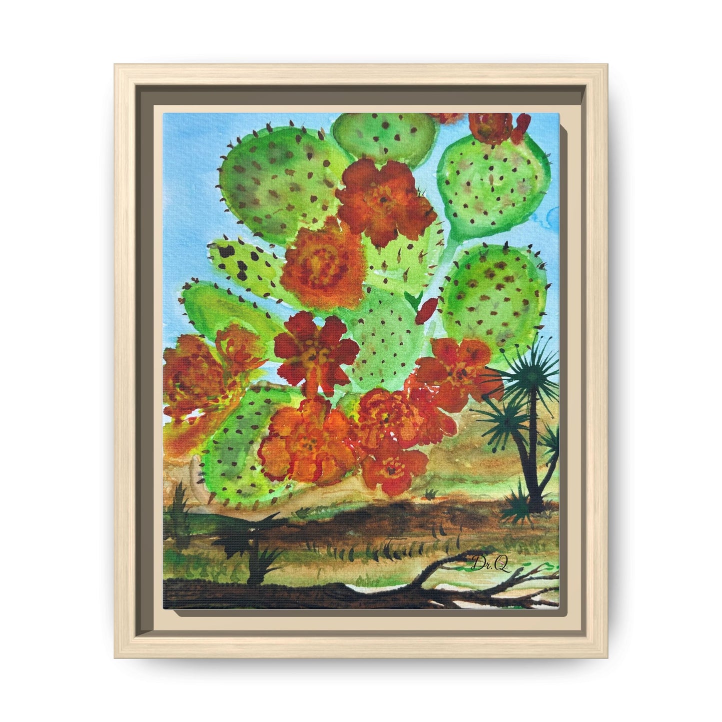 Prickly Pear Cactus Framed Canvas Print — Vertical Botanical Wall Art