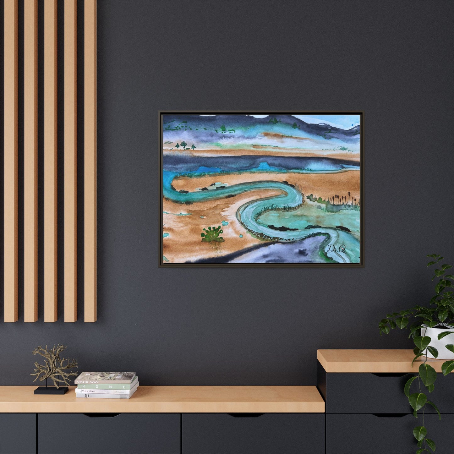 Winding River by Dr. Q - Framed Matte Canvas Watercolor Wall Art
