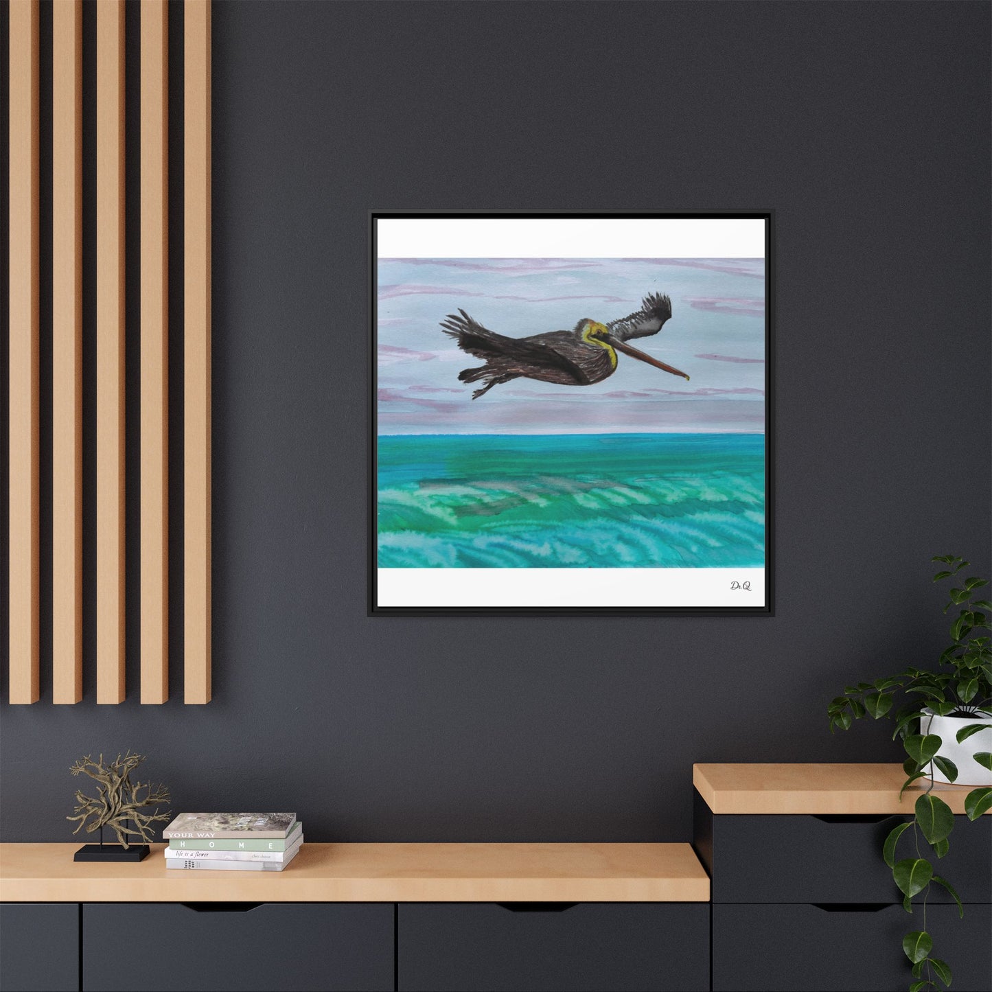 Brown Pelican Over Ocean Matte Framed Canvas Art