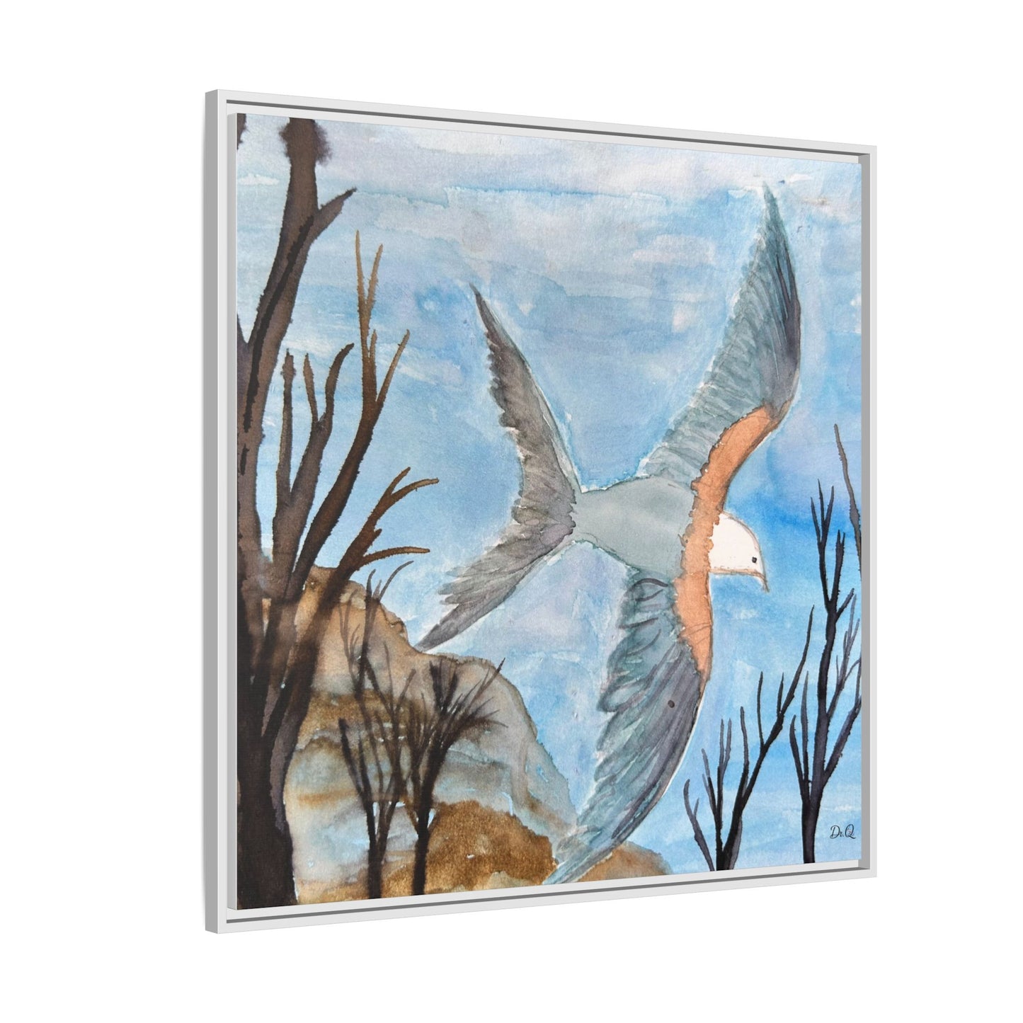 Framed Matte Canvas Wall Art — Soaring Seagull Coastal Print