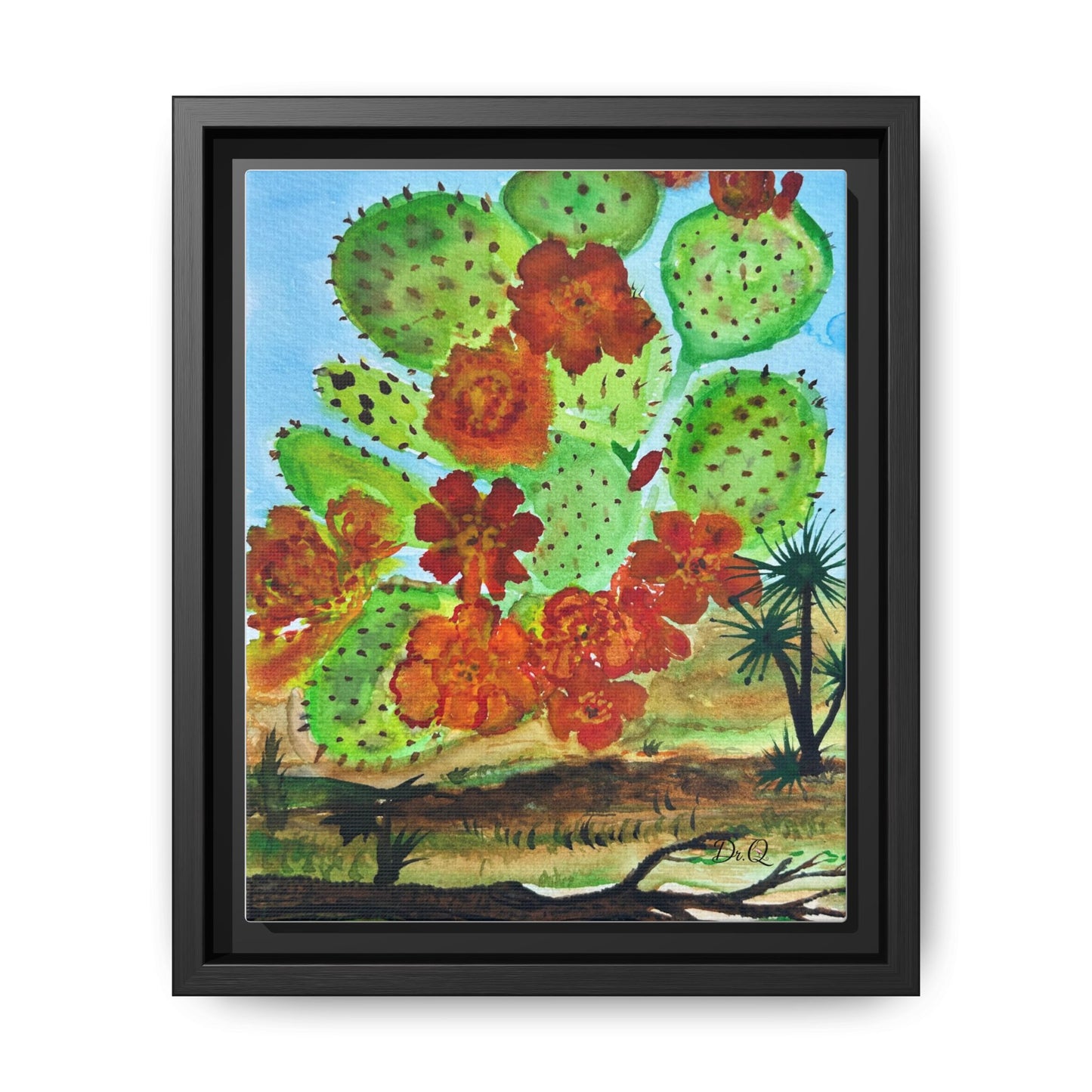 Prickly Pear Cactus Framed Canvas Print — Vertical Botanical Wall Art