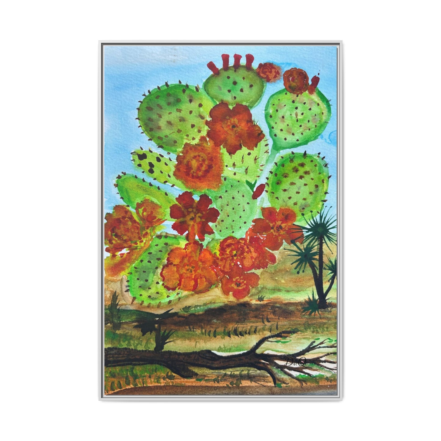 Prickly Pear Cactus Framed Canvas Print — Vertical Botanical Wall Art