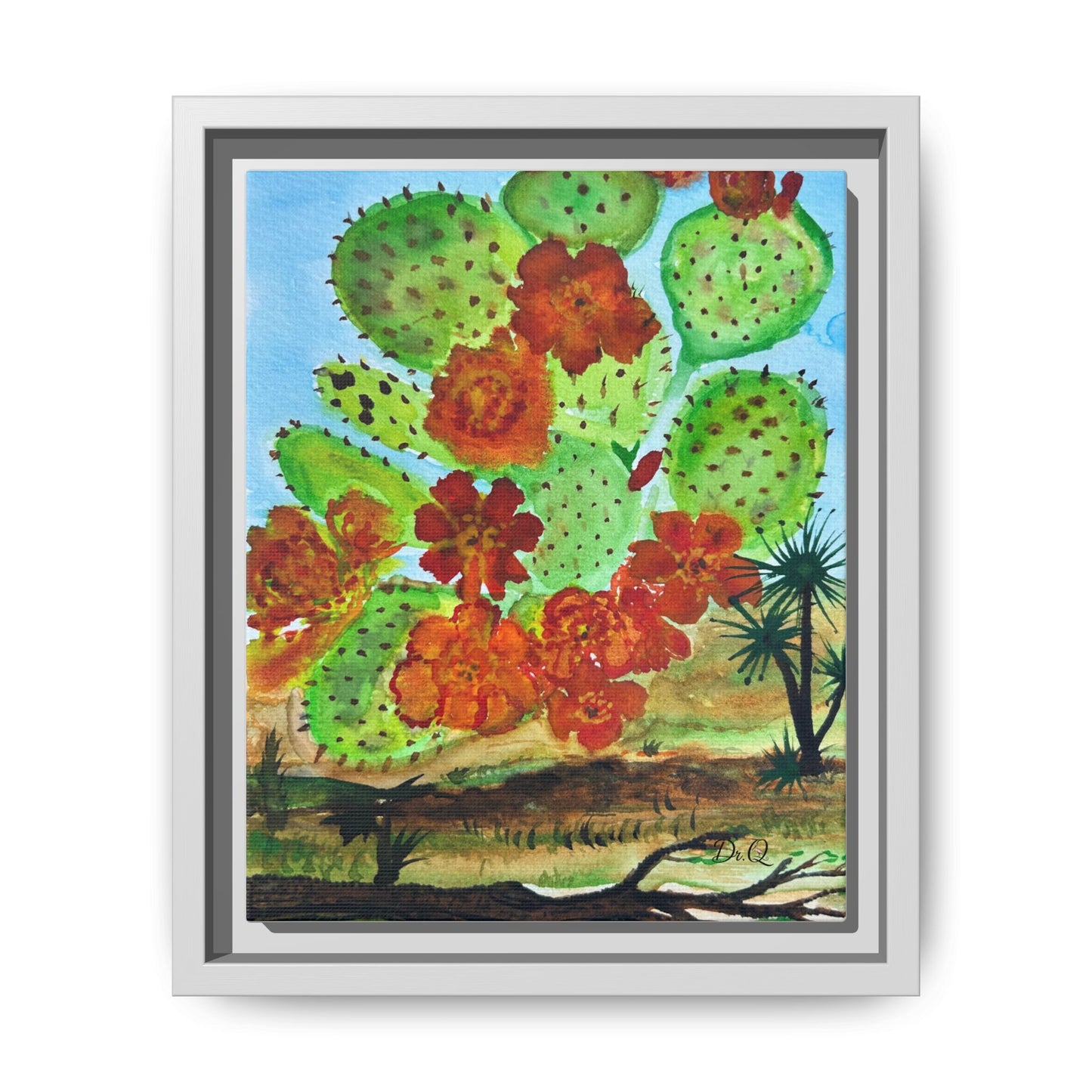 Prickly Pear Cactus Framed Canvas Print — Vertical Botanical Wall Art