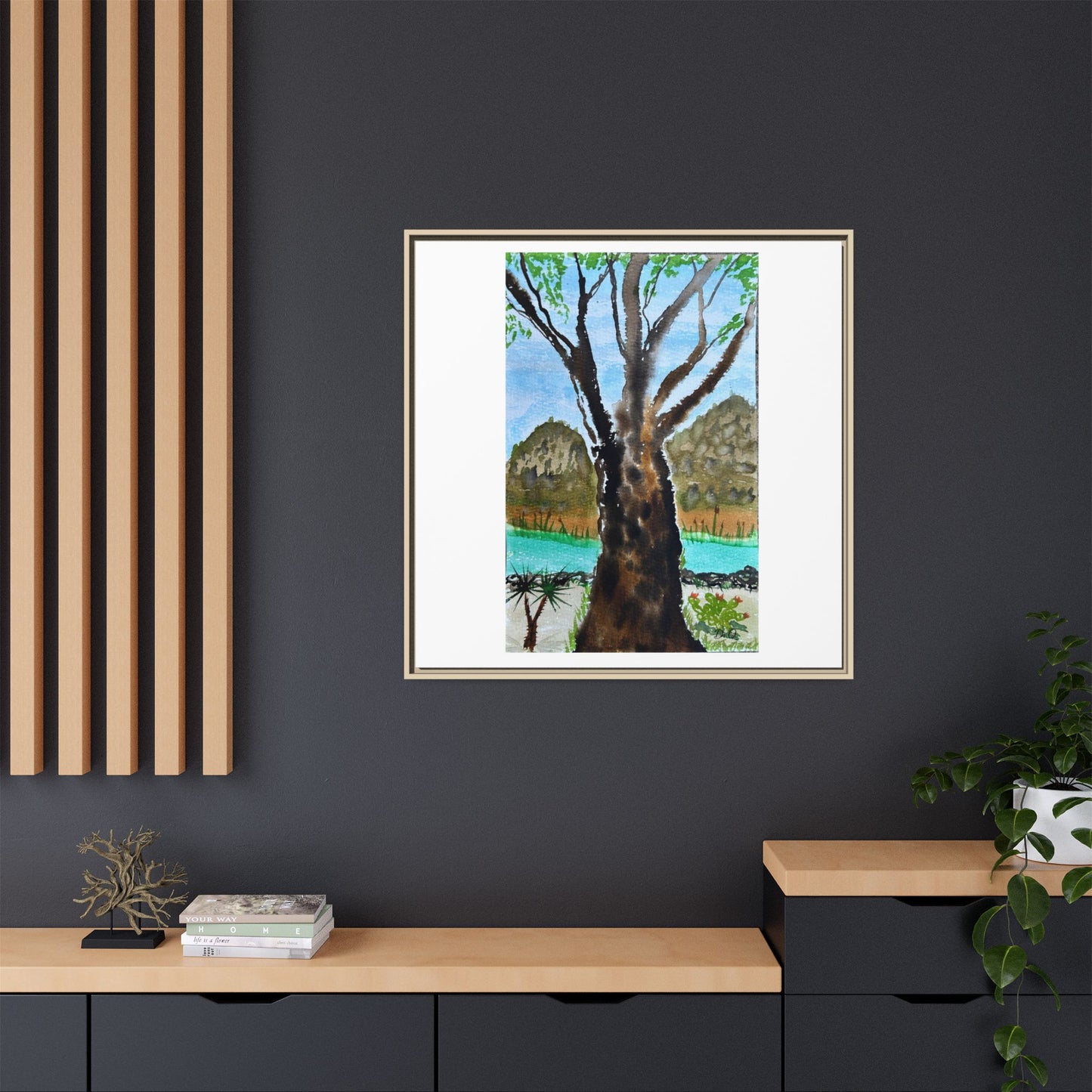 Tranquil Lakeside Tree Watercolor - Framed Matte Canvas Print by Dr. Q