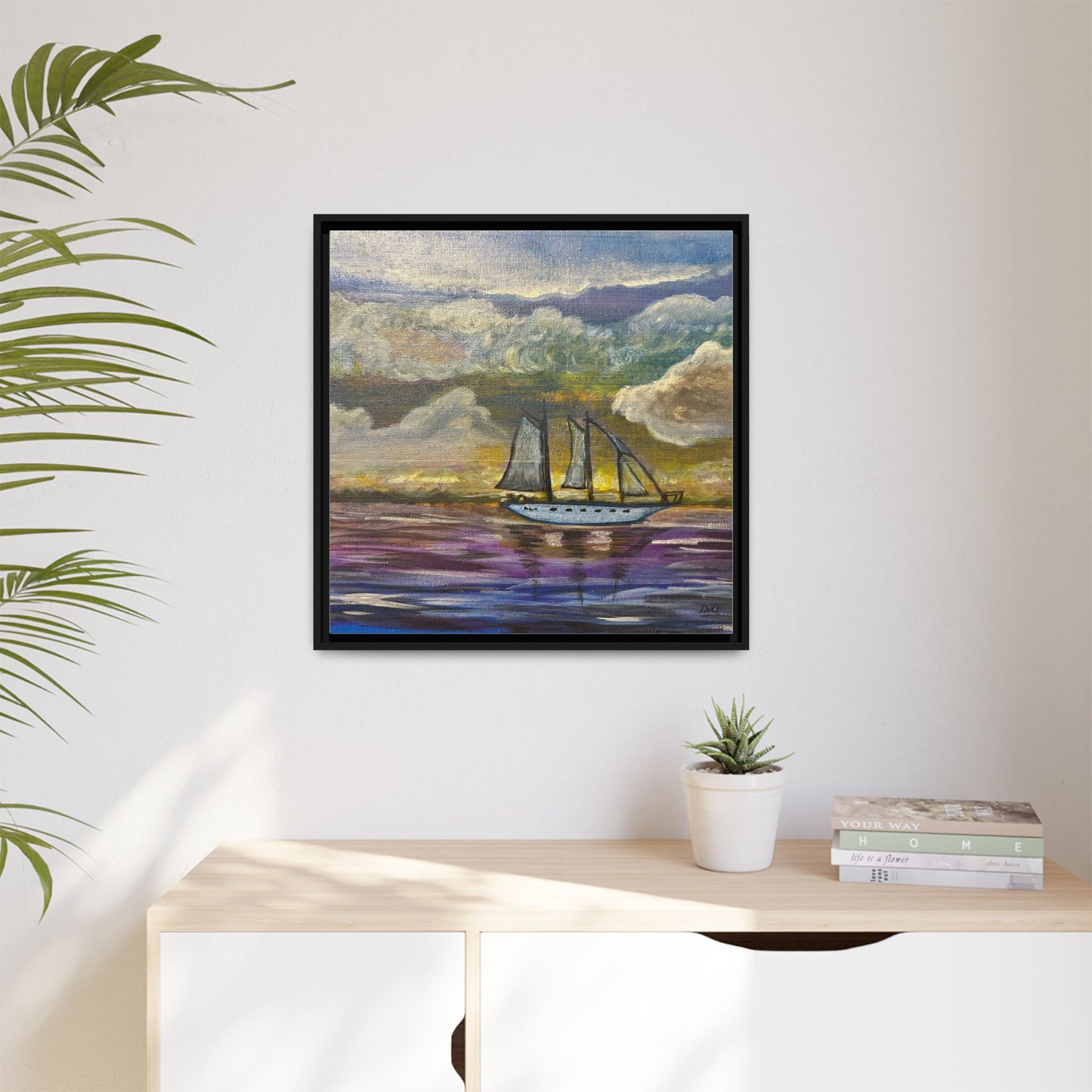 Framed Matte Canvas Sailboat Painting — Serene Seascape Wall Art