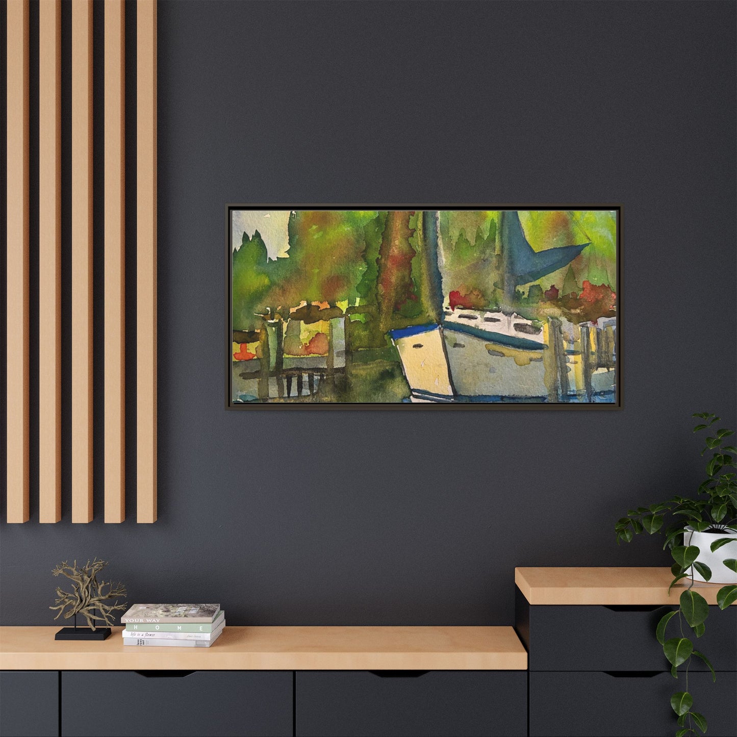 Sailboat Harbor Watercolor — Framed Matte Canvas Wall Art