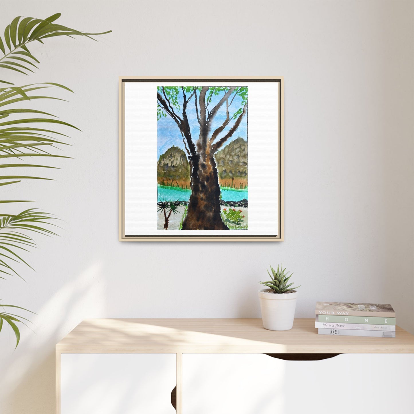 Tranquil Lakeside Tree Watercolor - Framed Matte Canvas Print by Dr. Q