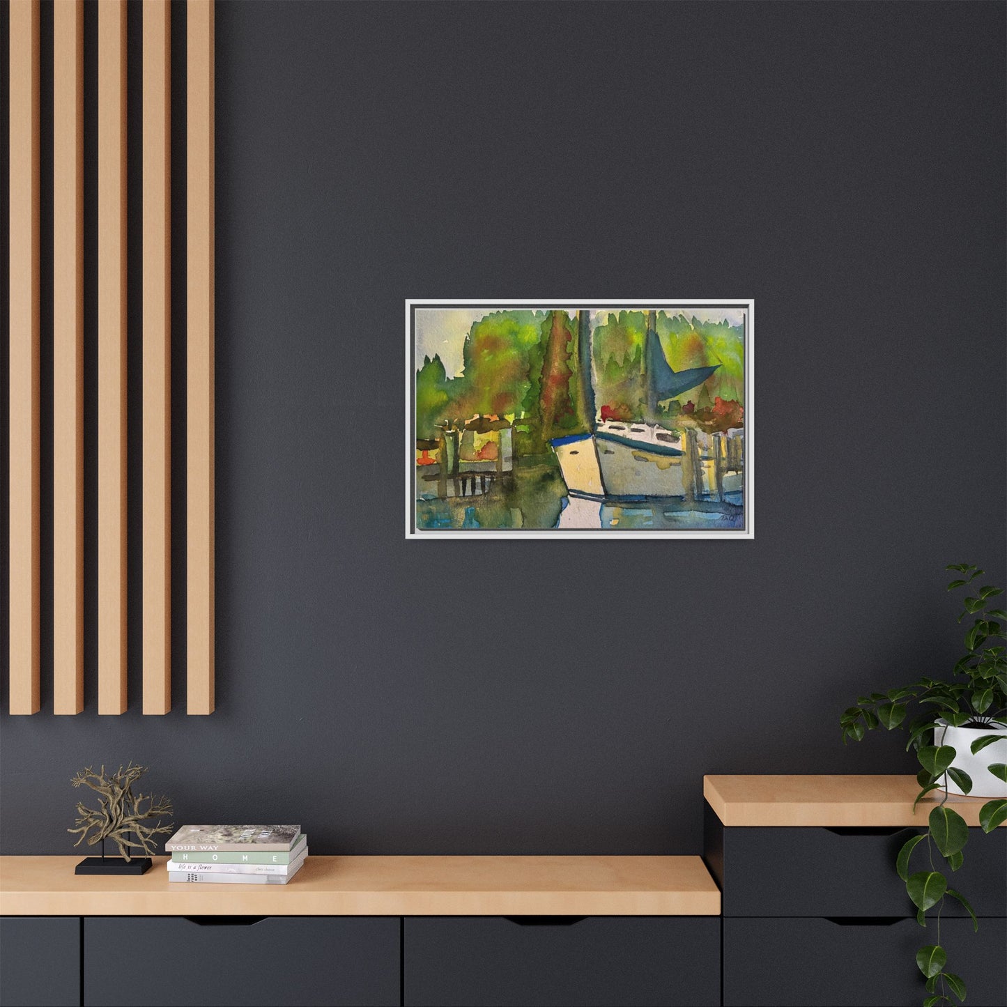 Sailboat Harbor Watercolor — Framed Matte Canvas Wall Art