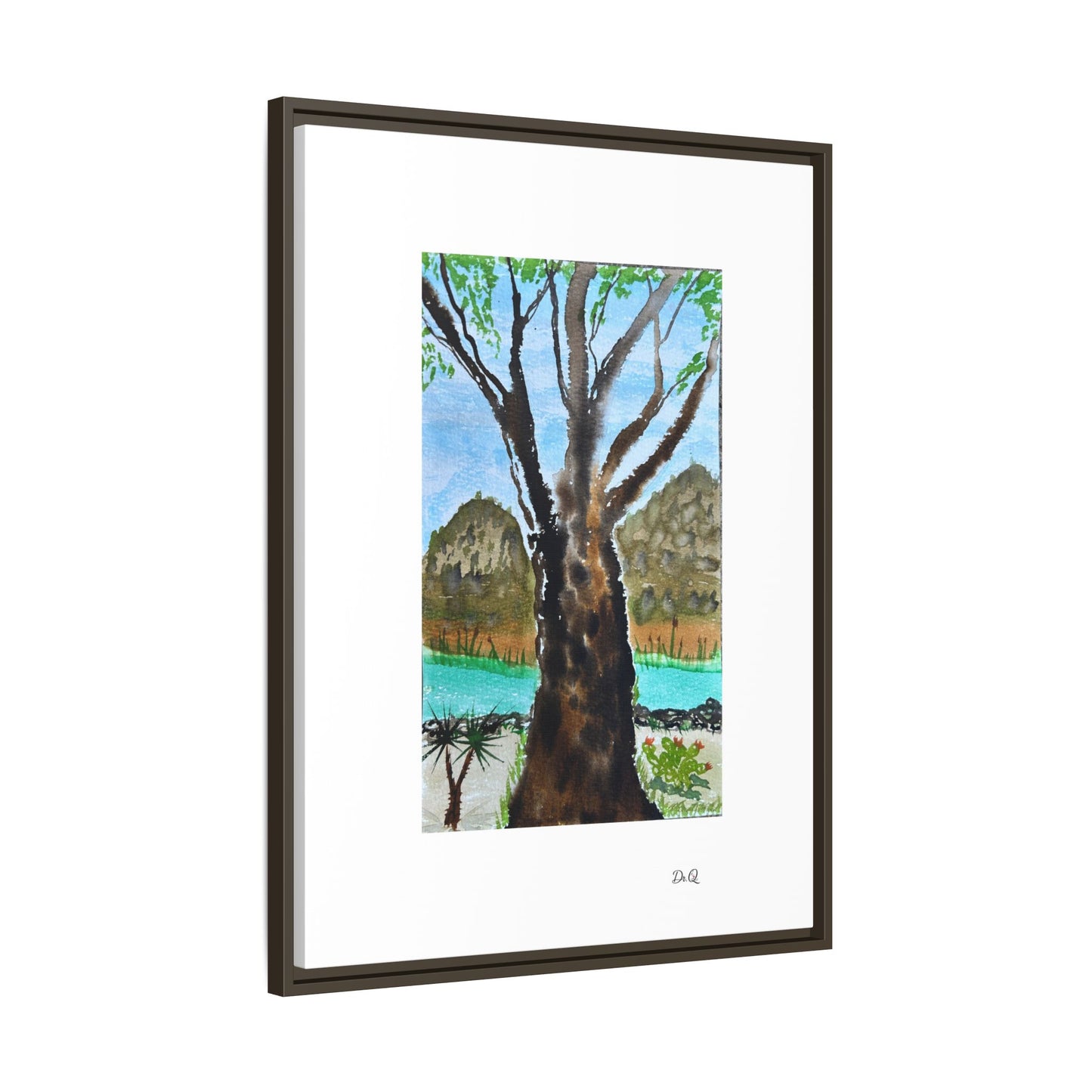 Tranquil Lakeside Tree Watercolor - Framed Matte Canvas Print by Dr. Q