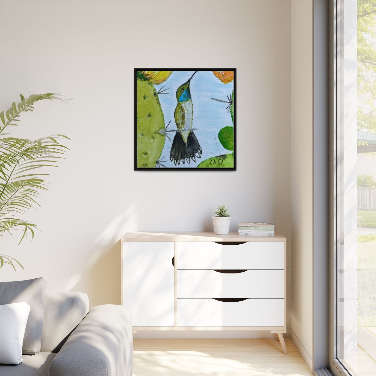 Framed Hummingbird Cactus Watercolor Print on Canvas by Dr. Q — Floral Desert Wall Art