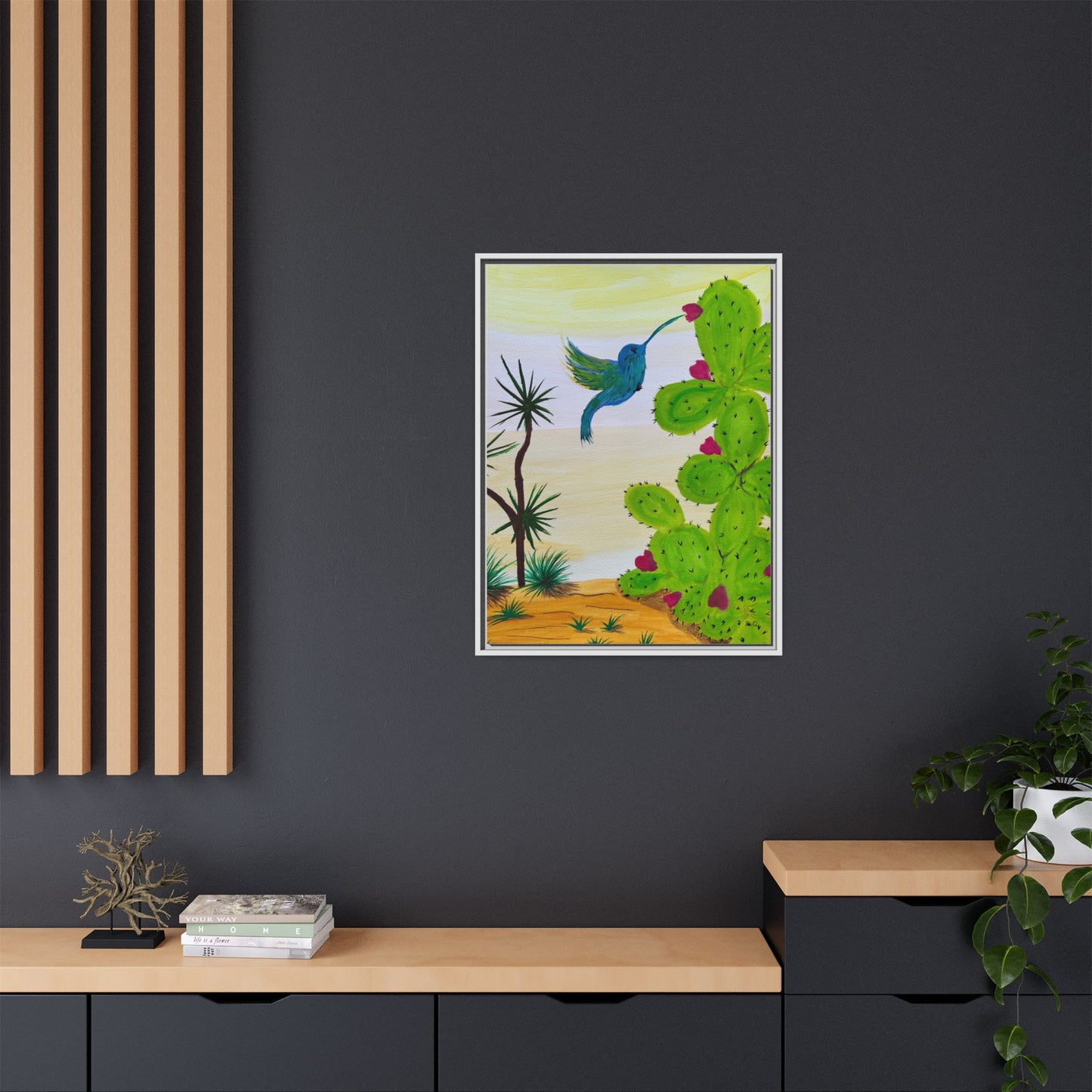 Tropical Cactus & Hummingbird Wall Art - Framed Matte Canvas