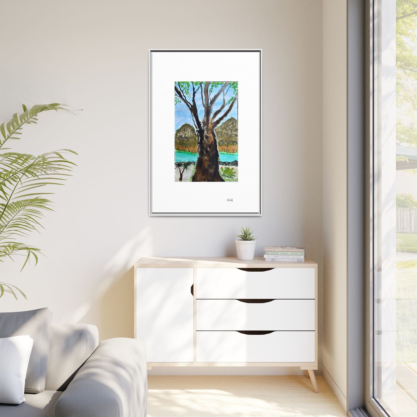 Tranquil Lakeside Tree Watercolor - Framed Matte Canvas Print by Dr. Q