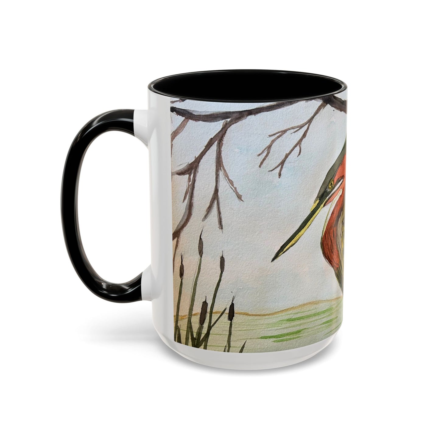 Green Heron Watercolor Accent Coffee Mug — Nature Bird Watercolor (11/15oz)