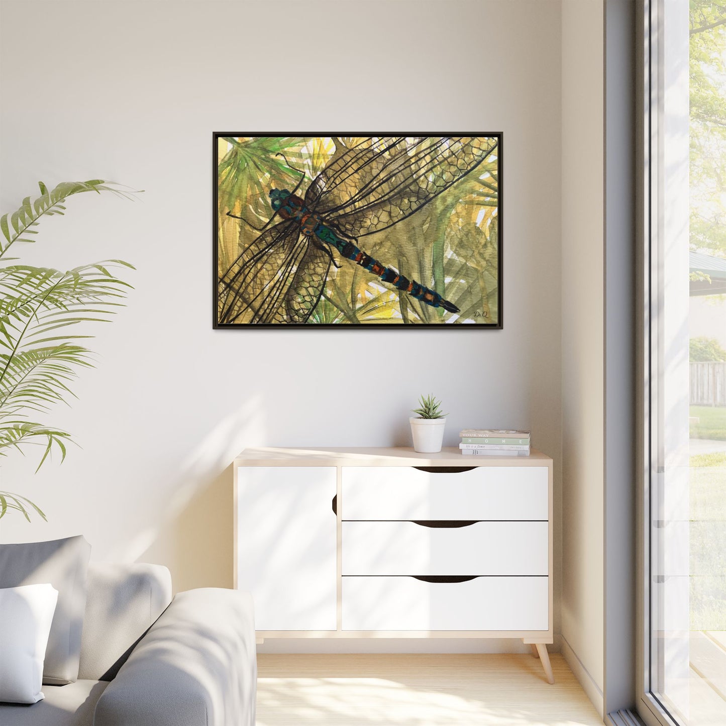 Dragonfly Framed Canvas Art — Botanical Watercolor Wall Decor
