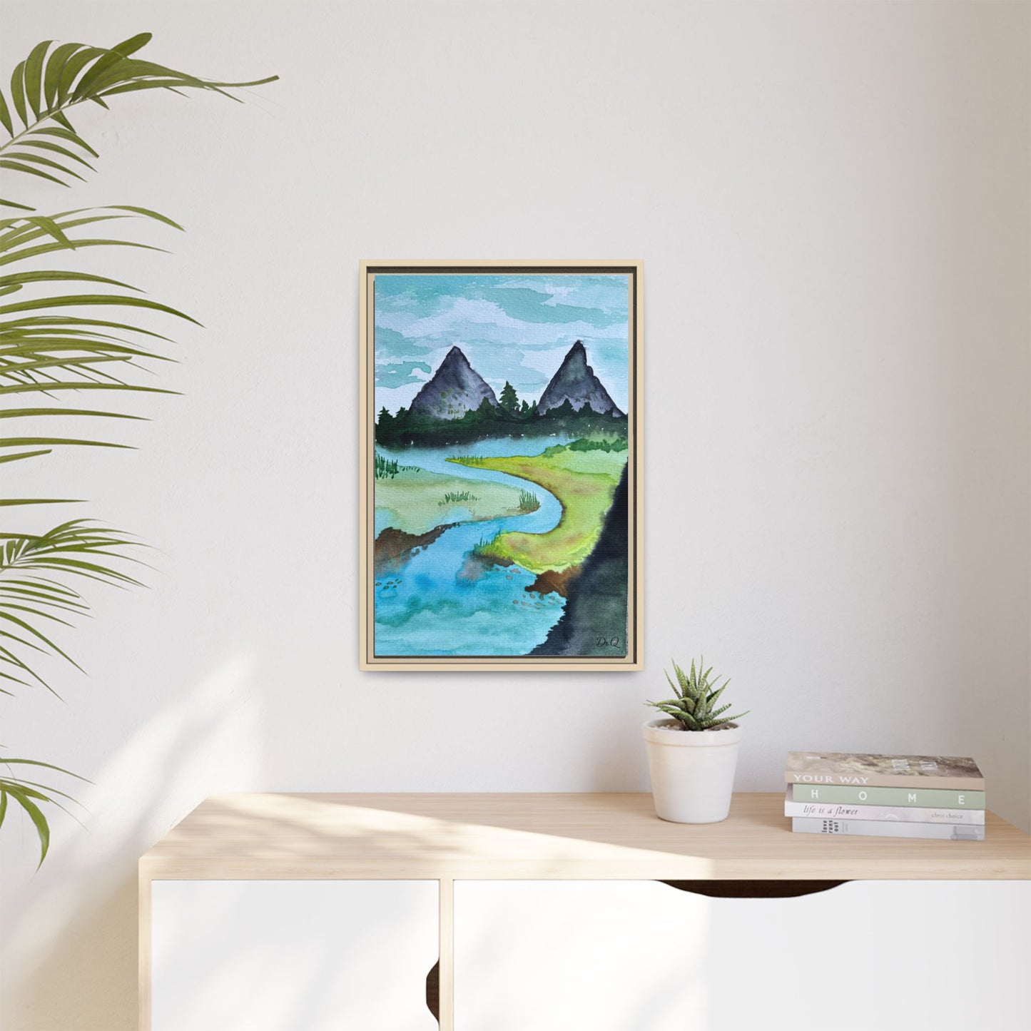 Mountain River Framed Canvas Watercolor Print by Dr. Q