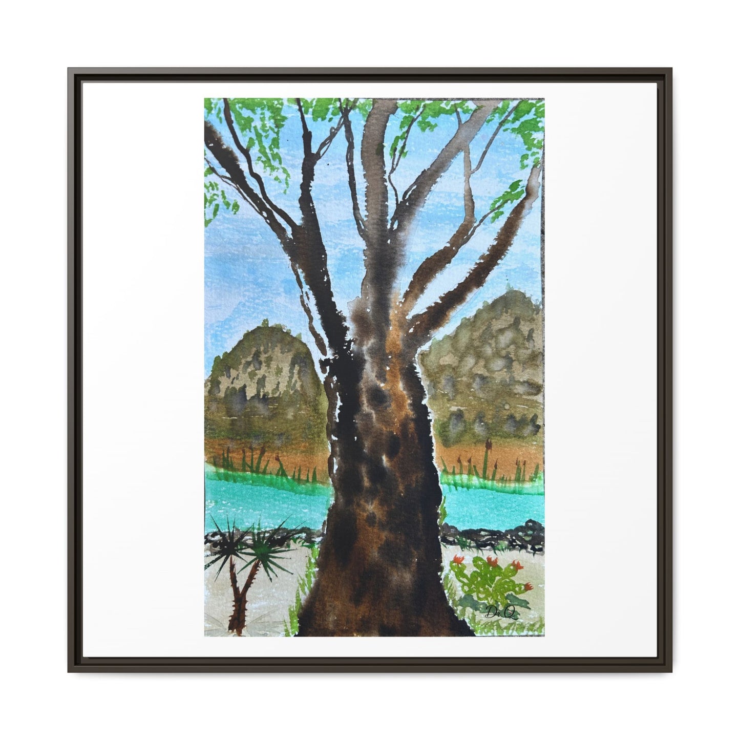 Tranquil Lakeside Tree Watercolor - Framed Matte Canvas Print by Dr. Q