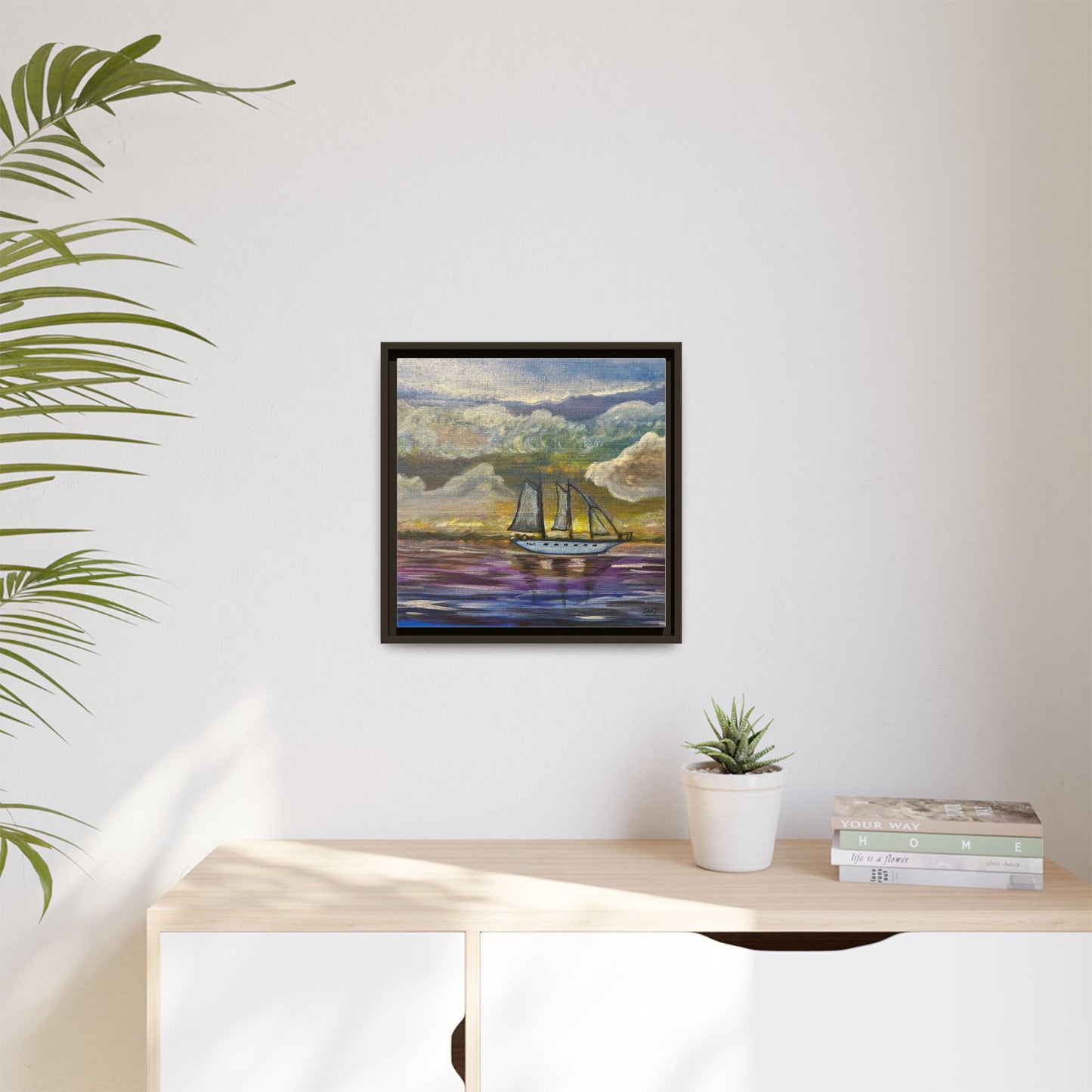 Framed Matte Canvas Sailboat Painting — Serene Seascape Wall Art