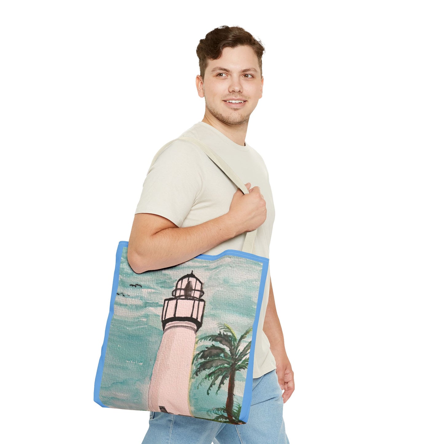 Coastal Lighthouse Tote Bag — Beachy Palm Print All-Over-Print Tote