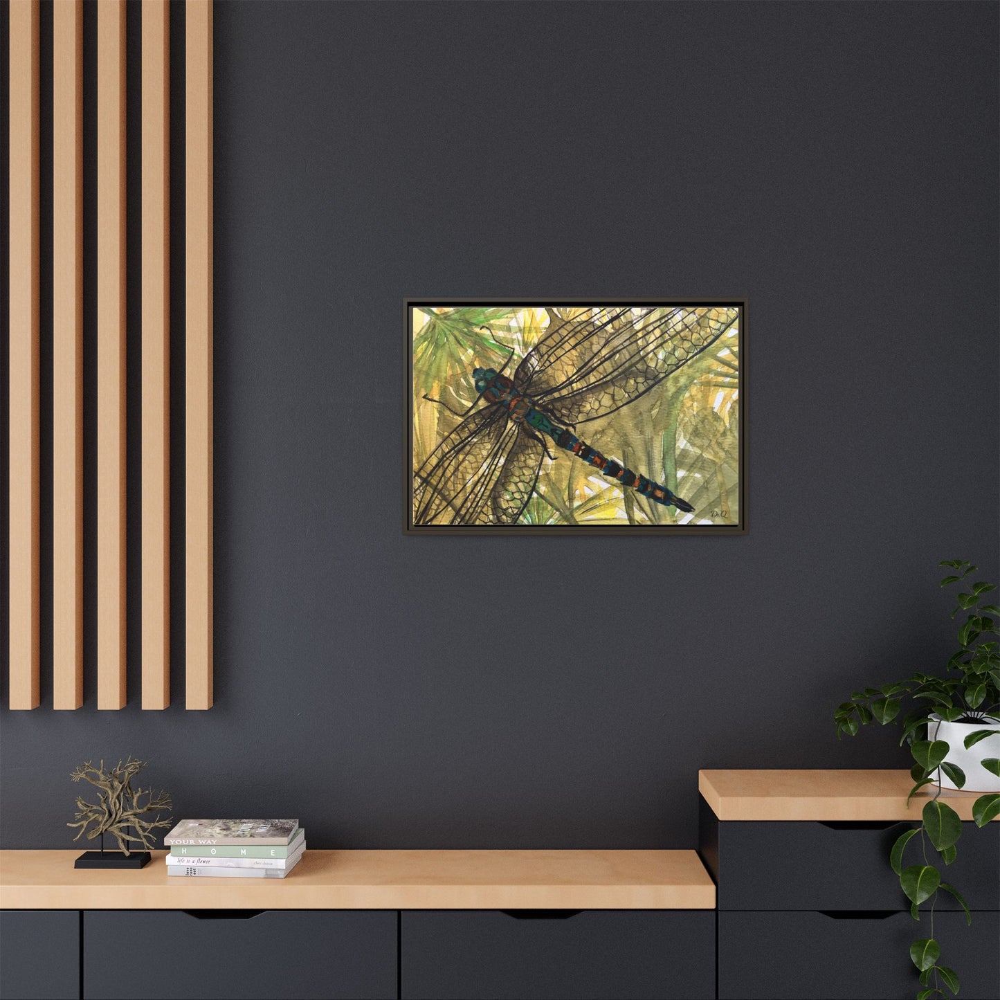 Dragonfly Framed Canvas Art — Botanical Watercolor Wall Decor