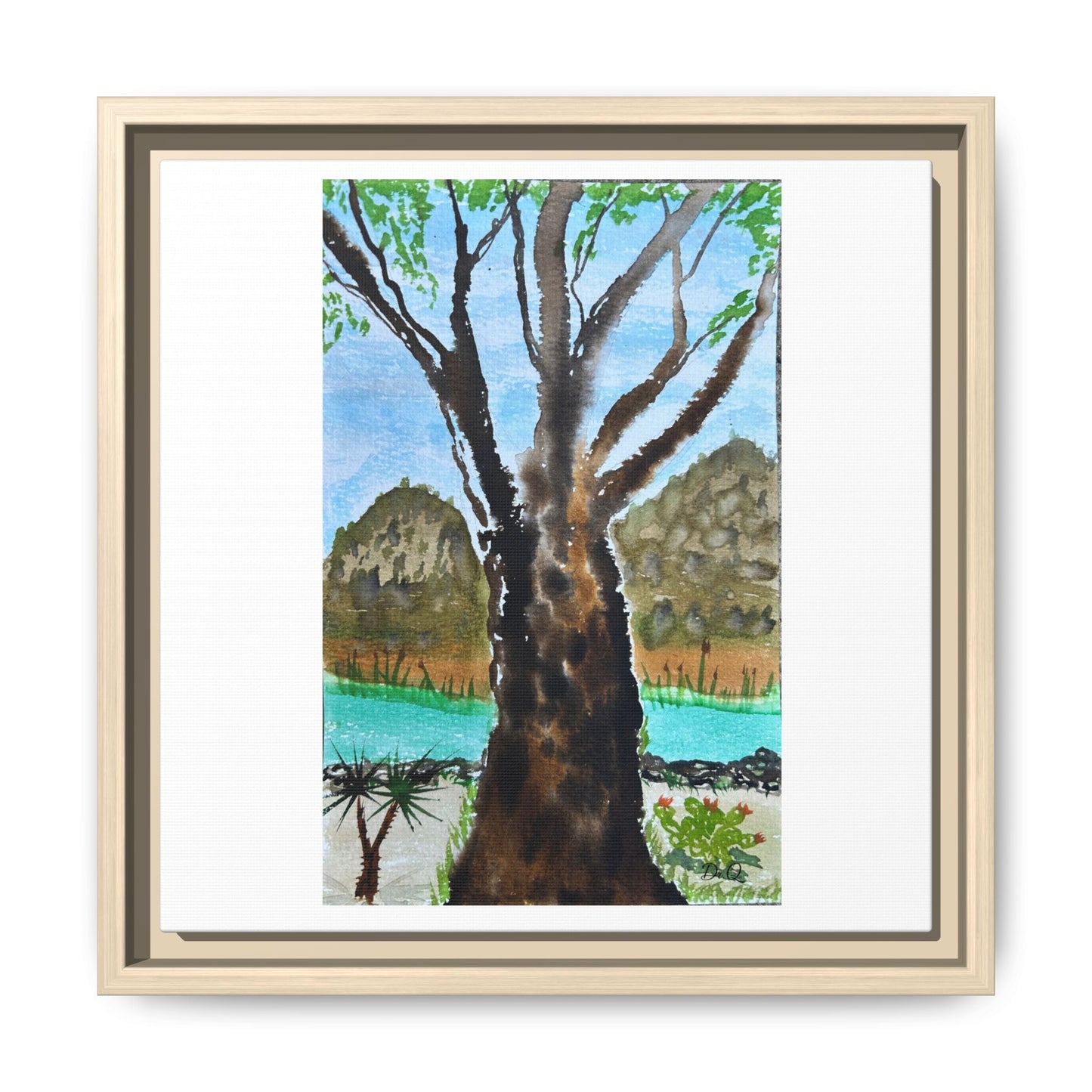 Tranquil Lakeside Tree Watercolor - Framed Matte Canvas Print by Dr. Q