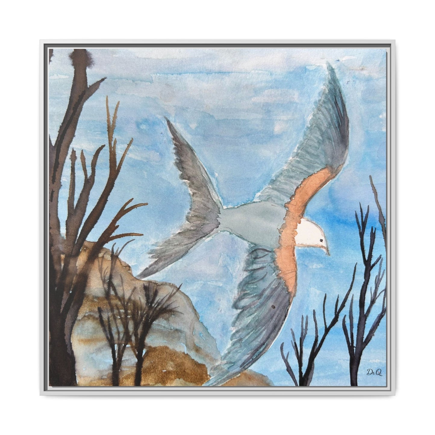 Framed Matte Canvas Wall Art — Soaring Seagull Coastal Print