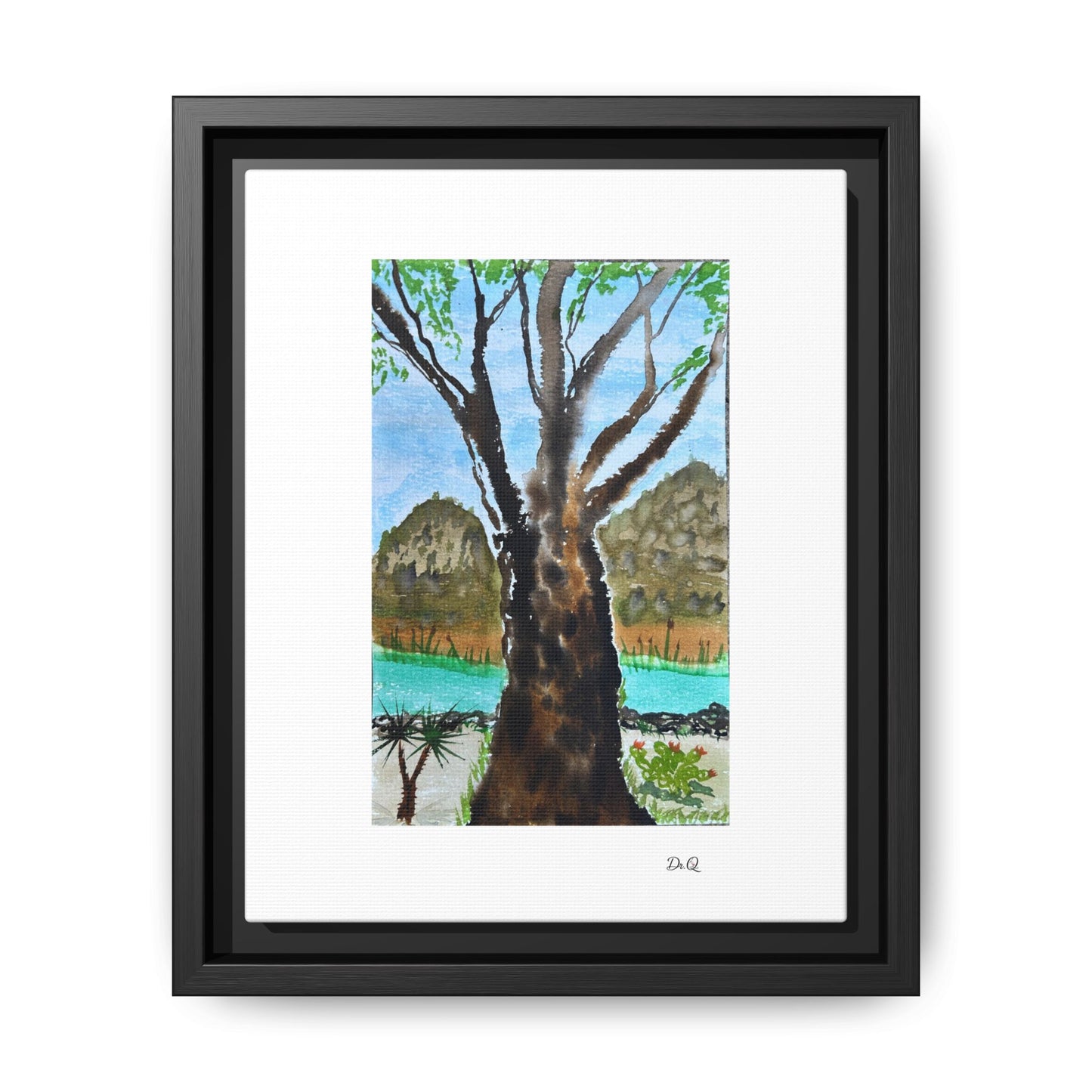 Tranquil Lakeside Tree Watercolor - Framed Matte Canvas Print by Dr. Q