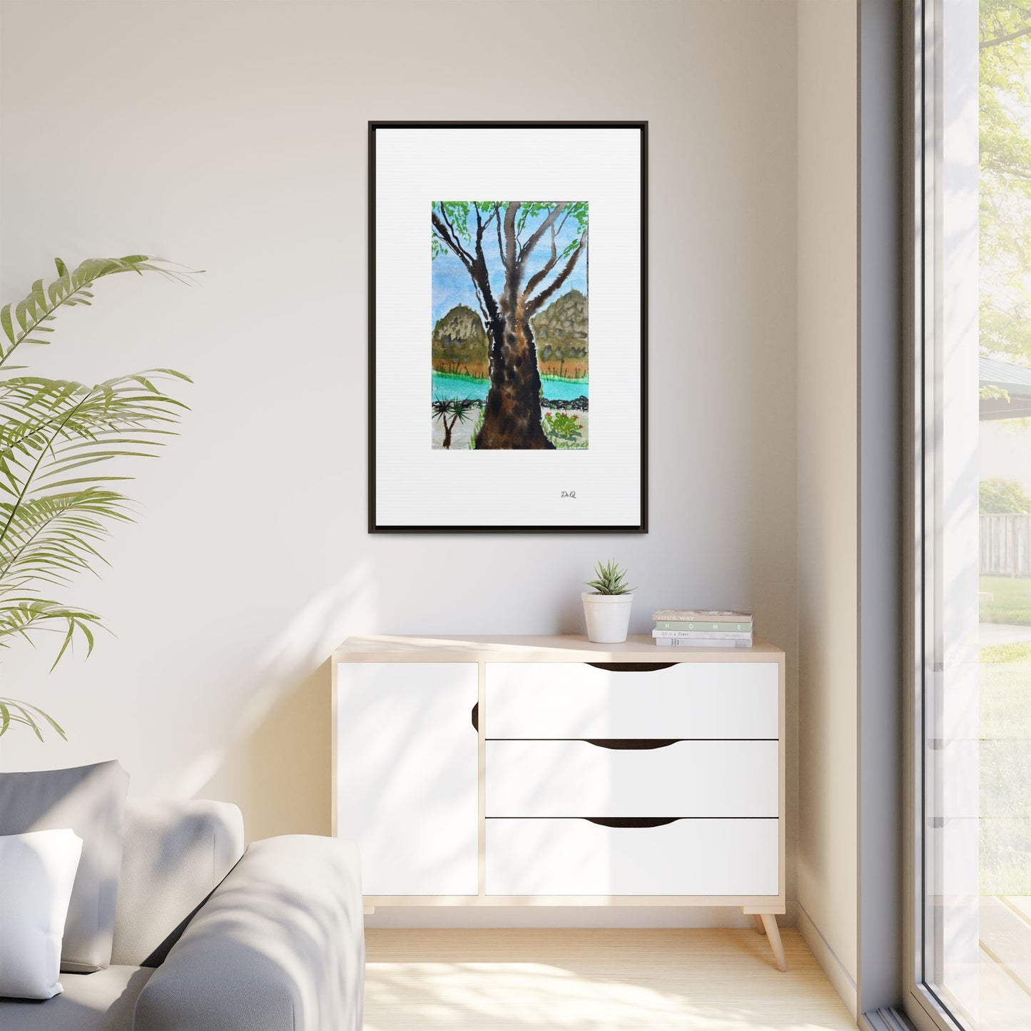Tranquil Lakeside Tree Watercolor - Framed Matte Canvas Print by Dr. Q