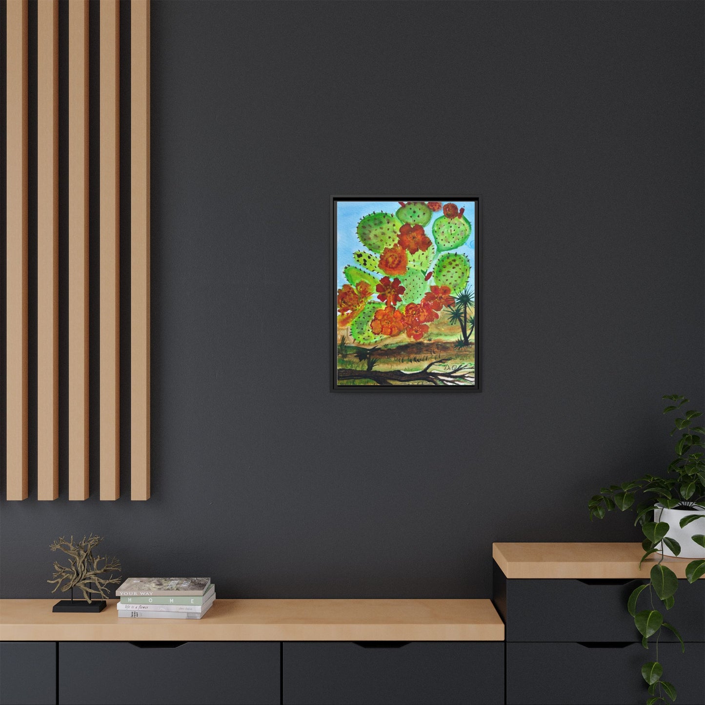 Prickly Pear Cactus Framed Canvas Print — Vertical Botanical Wall Art