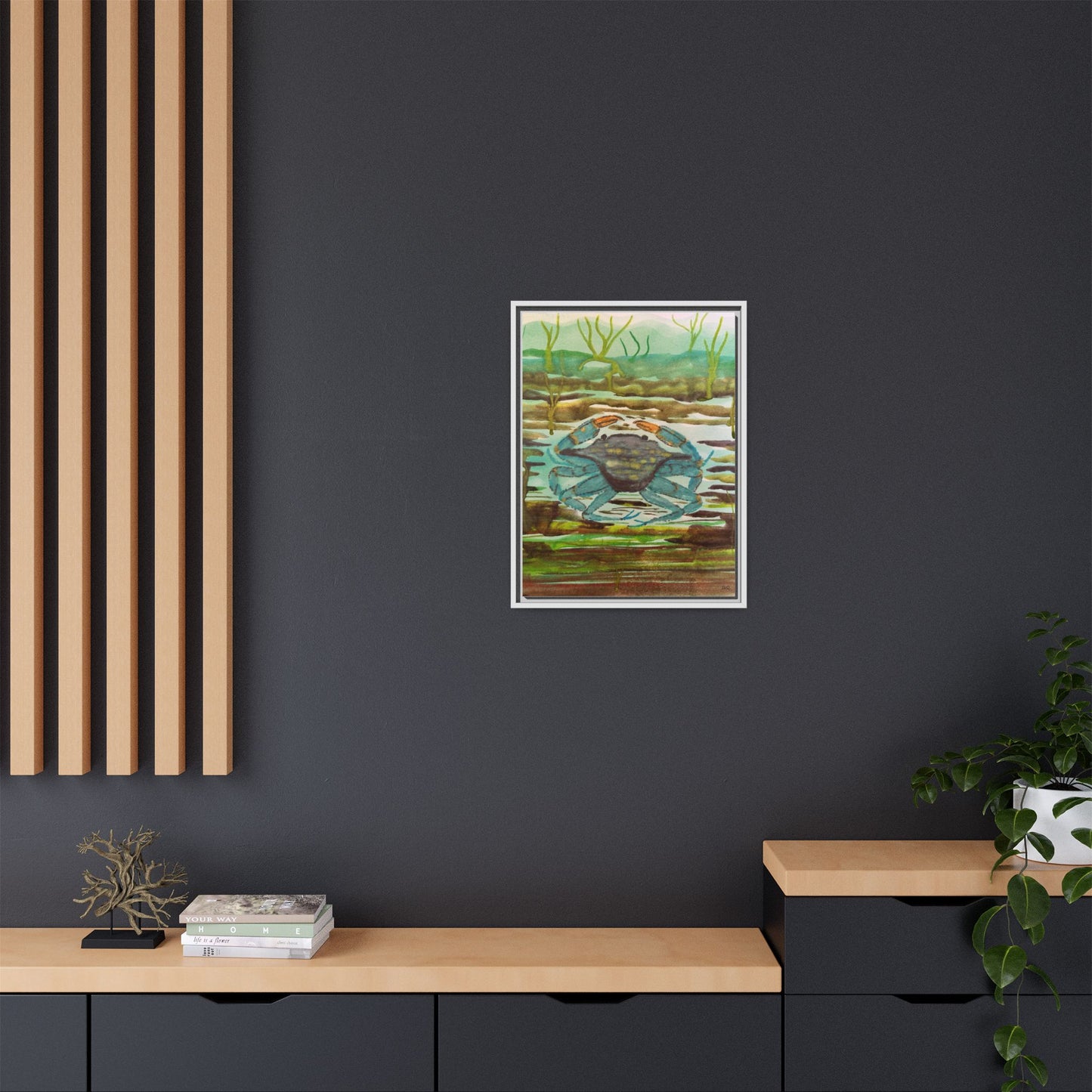 Blue Crab Coastal Art Print — Matte Framed Canvas