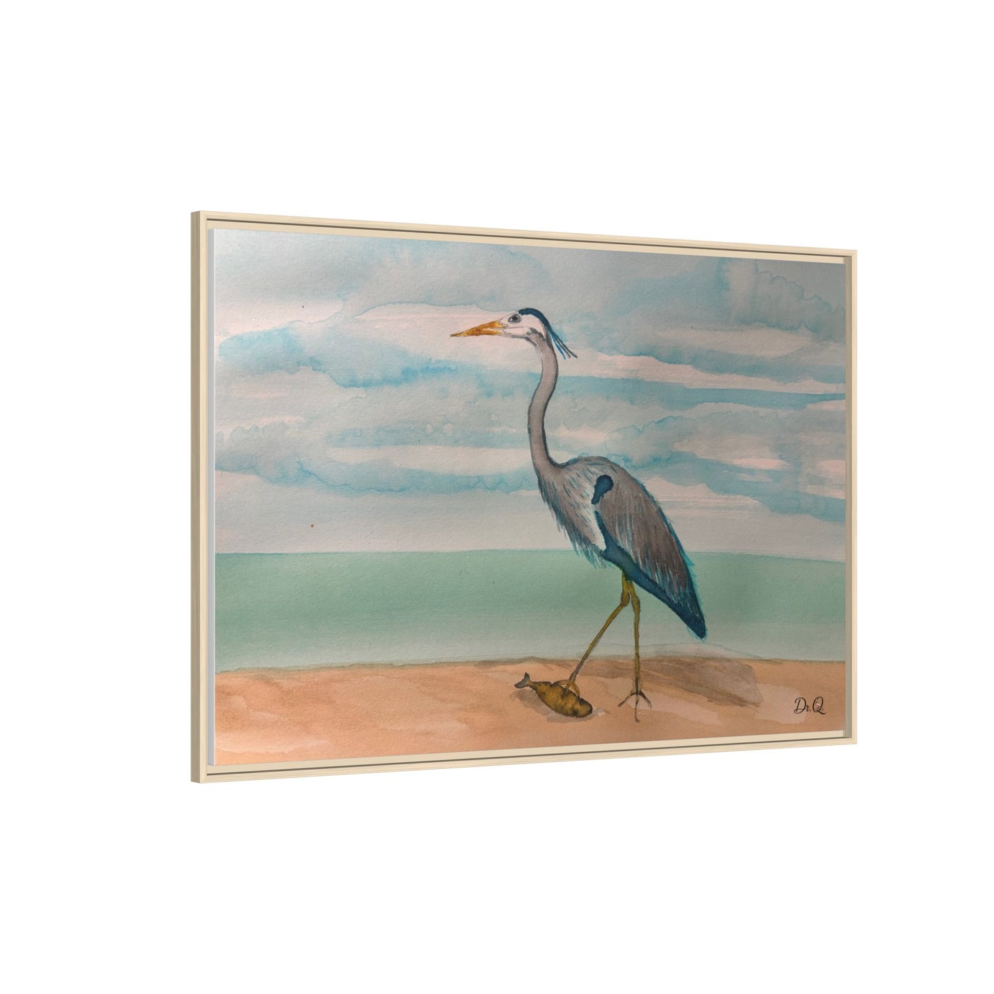 Framed Heron Beach Matte Canvas — Coastal Watercolor Wall Art