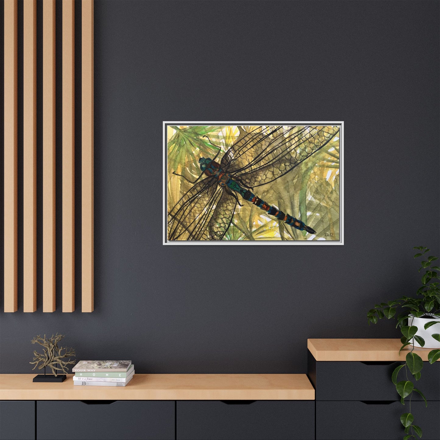 Dragonfly Framed Canvas Art — Botanical Watercolor Wall Decor