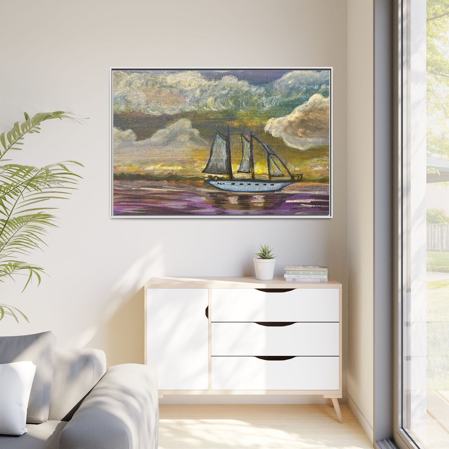 Framed Matte Canvas Sailboat Painting — Serene Seascape Wall Art
