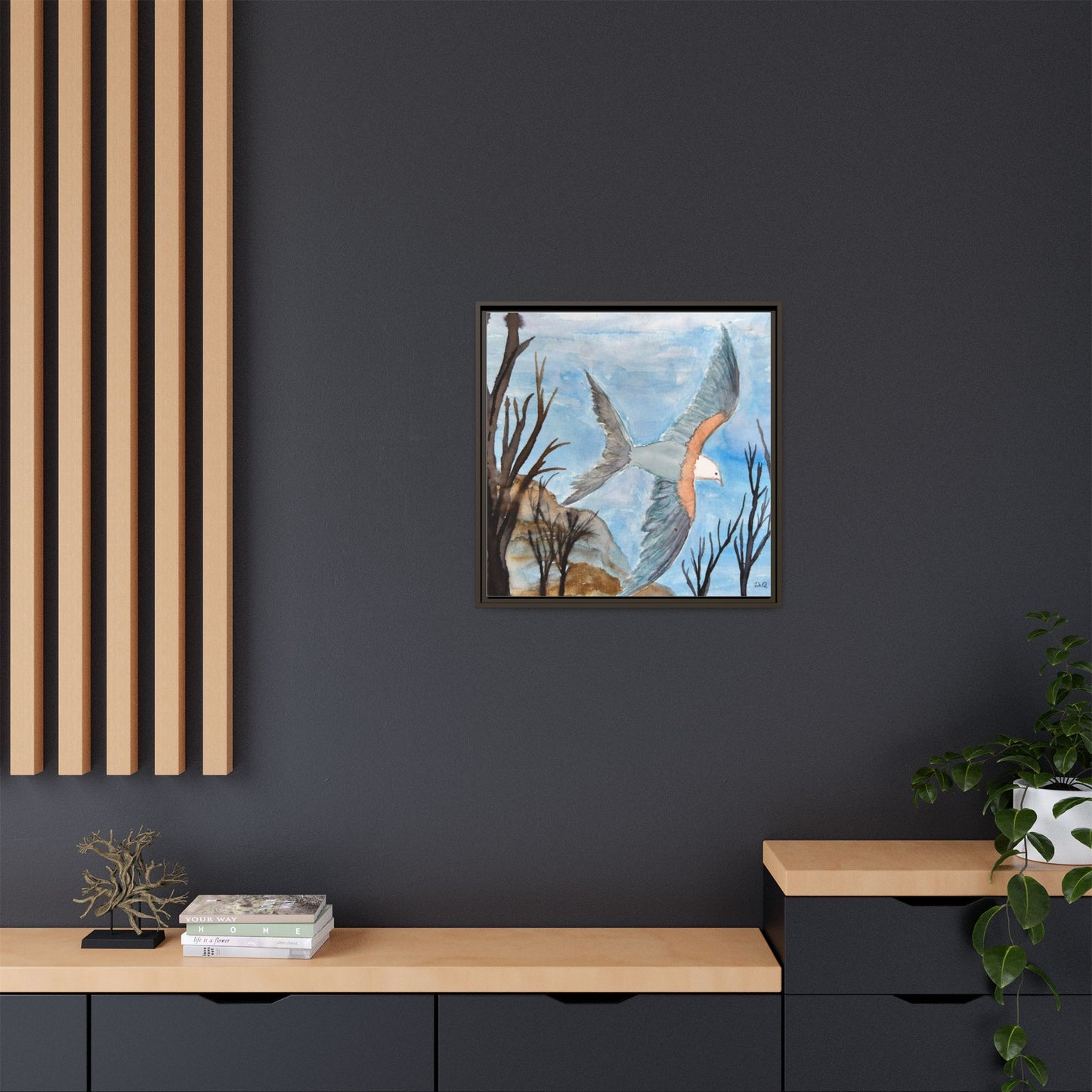 Framed Matte Canvas Wall Art — Soaring Seagull Coastal Print